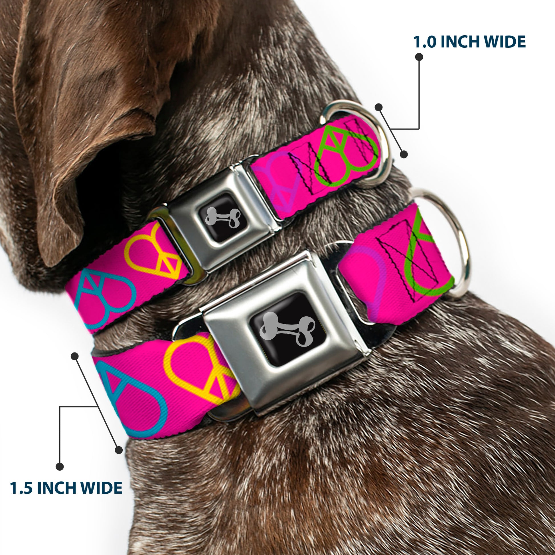 Dog Bone Seatbelt Buckle Collar - Peace Hearts Repeat Fuchsia/Neon Seatbelt Buckle Collars Buckle-Down