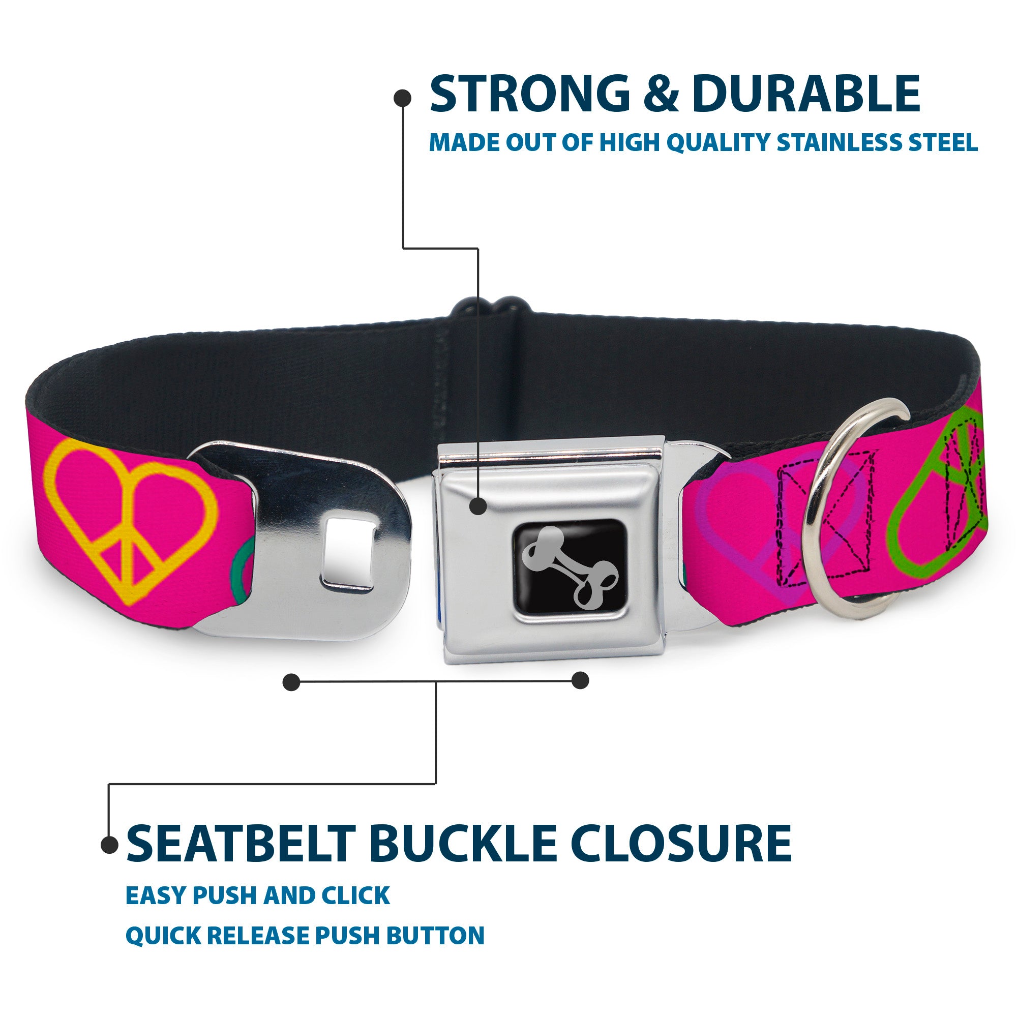 Dog Bone Seatbelt Buckle Collar - Peace Hearts Repeat Fuchsia/Neon Seatbelt Buckle Collars Buckle-Down