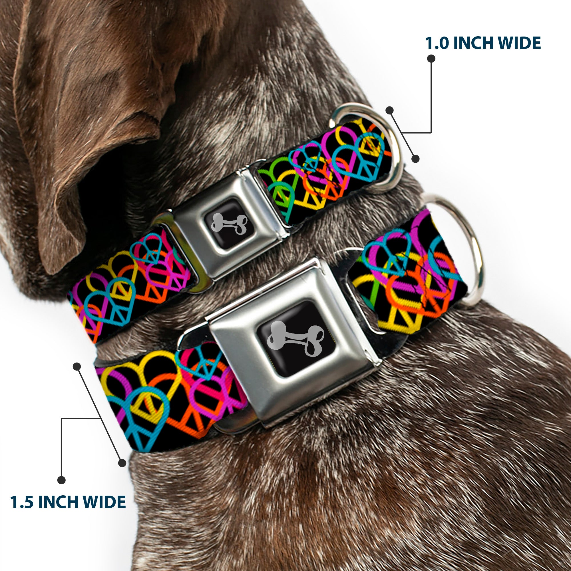 Dog Bone Seatbelt Buckle Collar - Peace Hearts Stacked Black/Neon Seatbelt Buckle Collars Buckle-Down