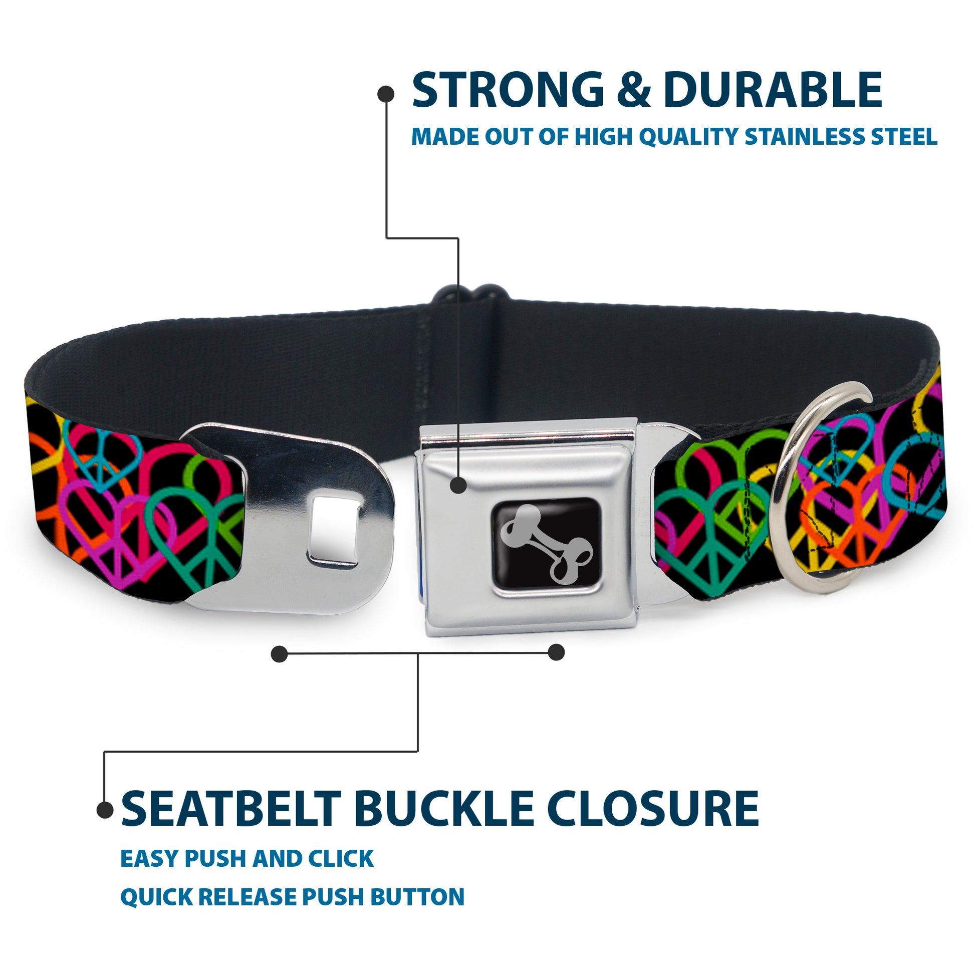 Dog Bone Seatbelt Buckle Collar - Peace Hearts Stacked Black/Neon Seatbelt Buckle Collars Buckle-Down
