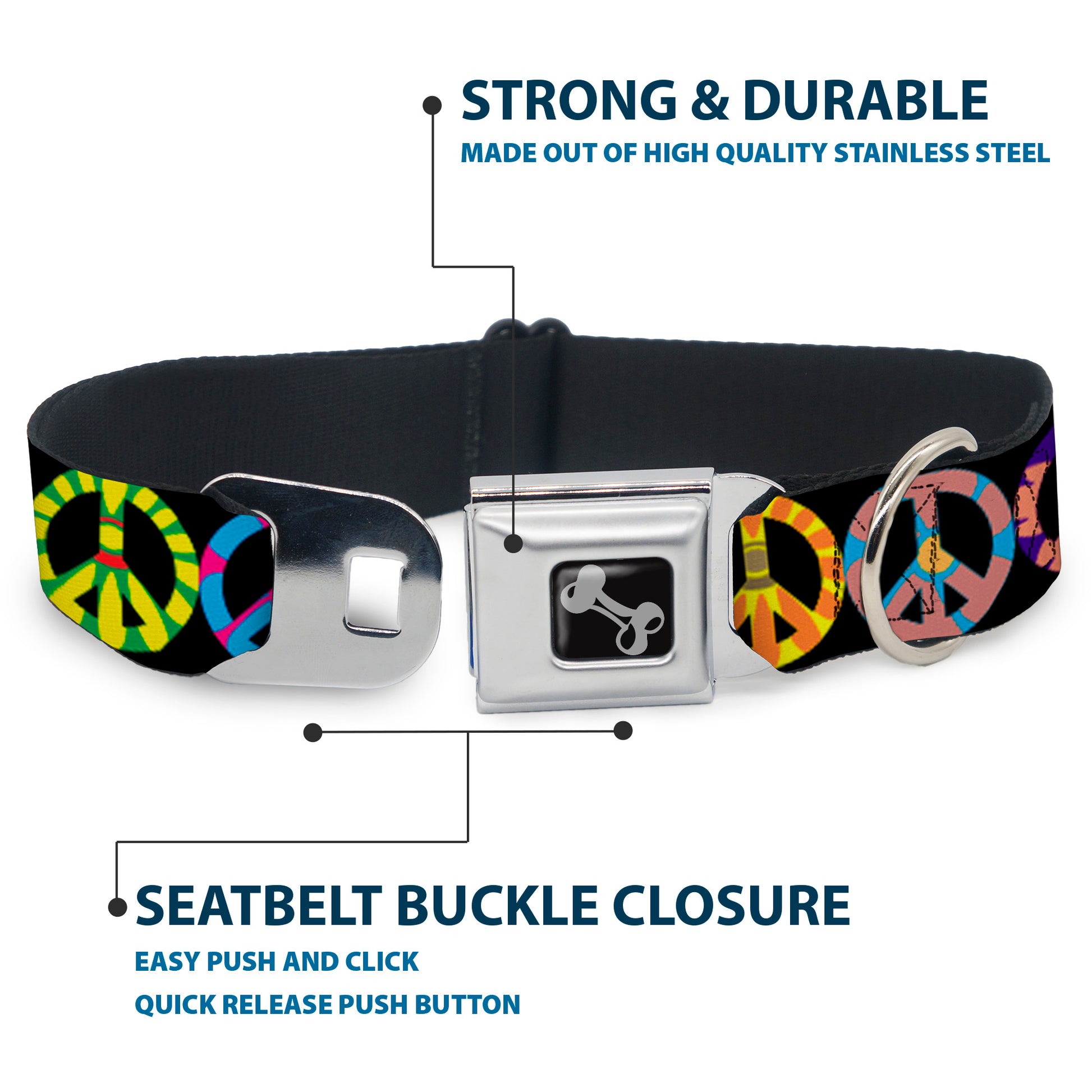 Dog Bone Seatbelt Buckle Collar - Peace Flowers Black/Multi Color Seatbelt Buckle Collars Buckle-Down