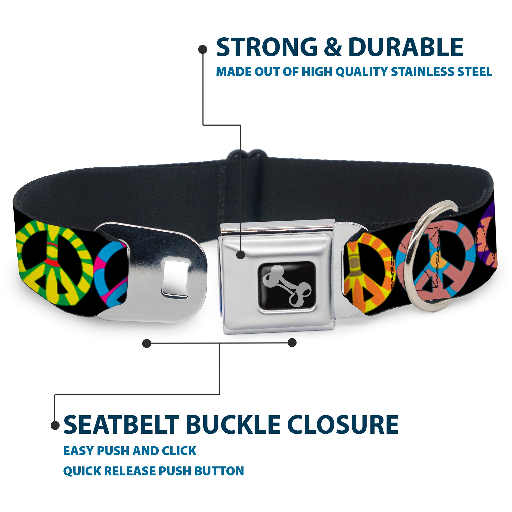 Dog Bone Seatbelt Buckle Collar - Peace Flowers Black/Multi Color Seatbelt Buckle Collars Buckle-Down