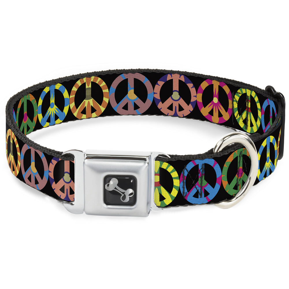Dog Bone Seatbelt Buckle Collar - Peace Flowers Black/Multi Color Seatbelt Buckle Collars Buckle-Down