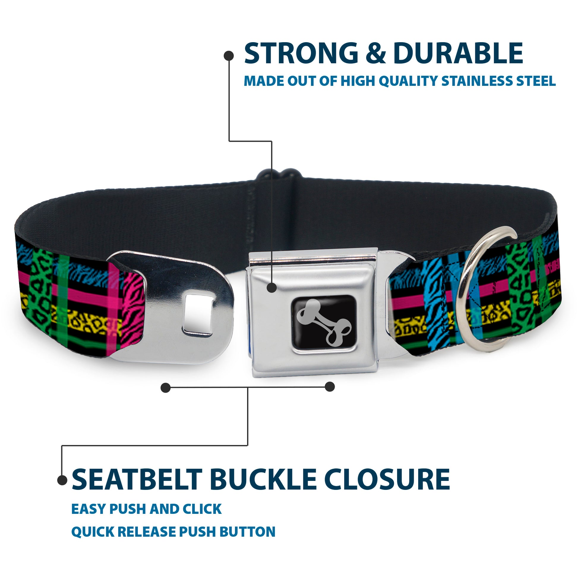 Dog Bone Seatbelt Buckle Collar - Plaid Black/Neon Animal Skins Seatbelt Buckle Collars Buckle-Down