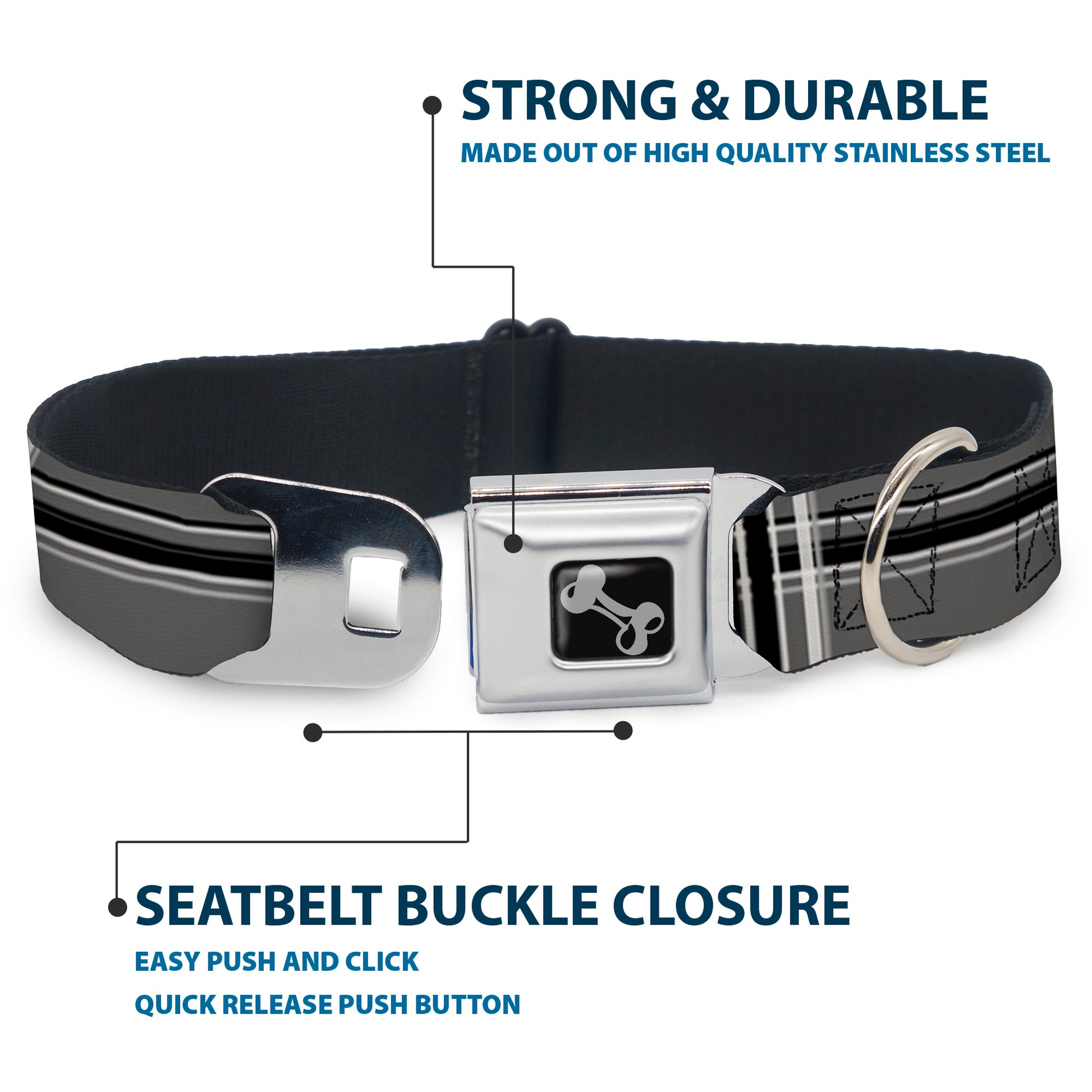 Dog Bone Seatbelt Buckle Collar - Plaid Gray/Black/White Seatbelt Buckle Collars Buckle-Down