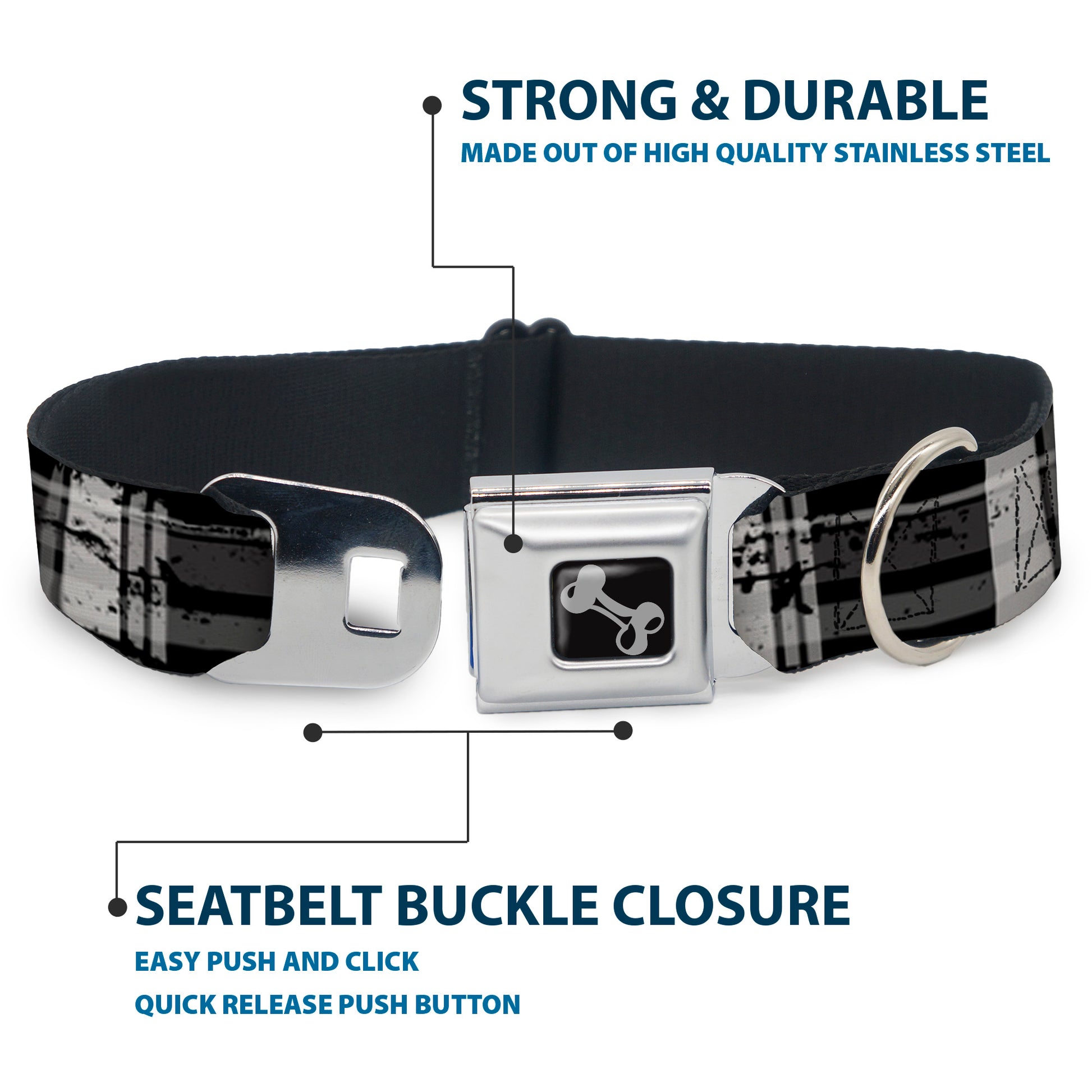 Dog Bone Seatbelt Buckle Collar - Plaid Weathered Black/Gray/White Seatbelt Buckle Collars Buckle-Down