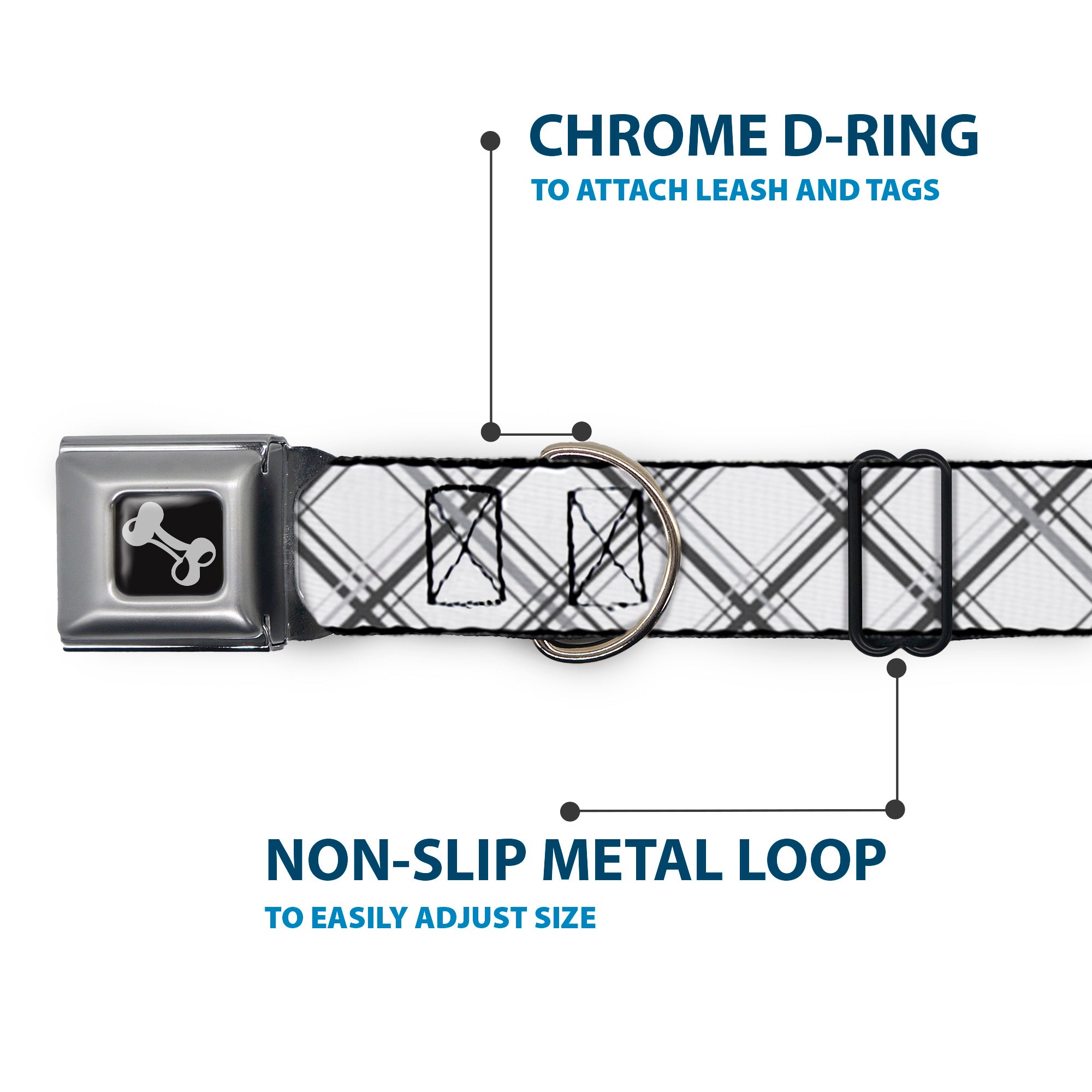 Dog Bone Seatbelt Buckle Collar - Plaid X White/Gray Seatbelt Buckle Collars Buckle-Down