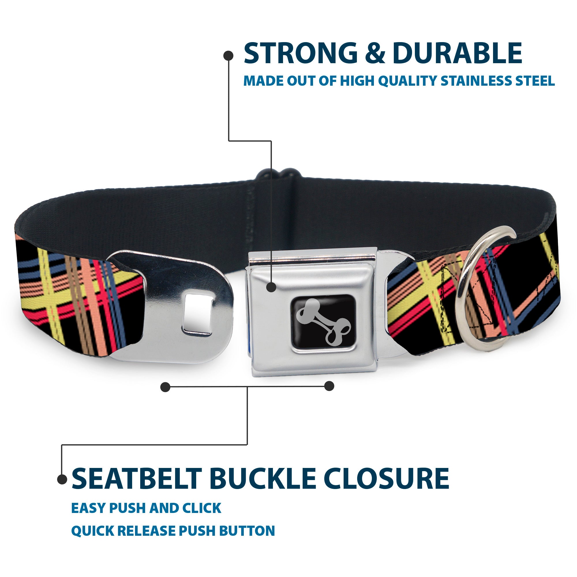 Dog Bone Seatbelt Buckle Collar - Plaid Black/Yellow/Red/Blue/Orange Seatbelt Buckle Collars Buckle-Down