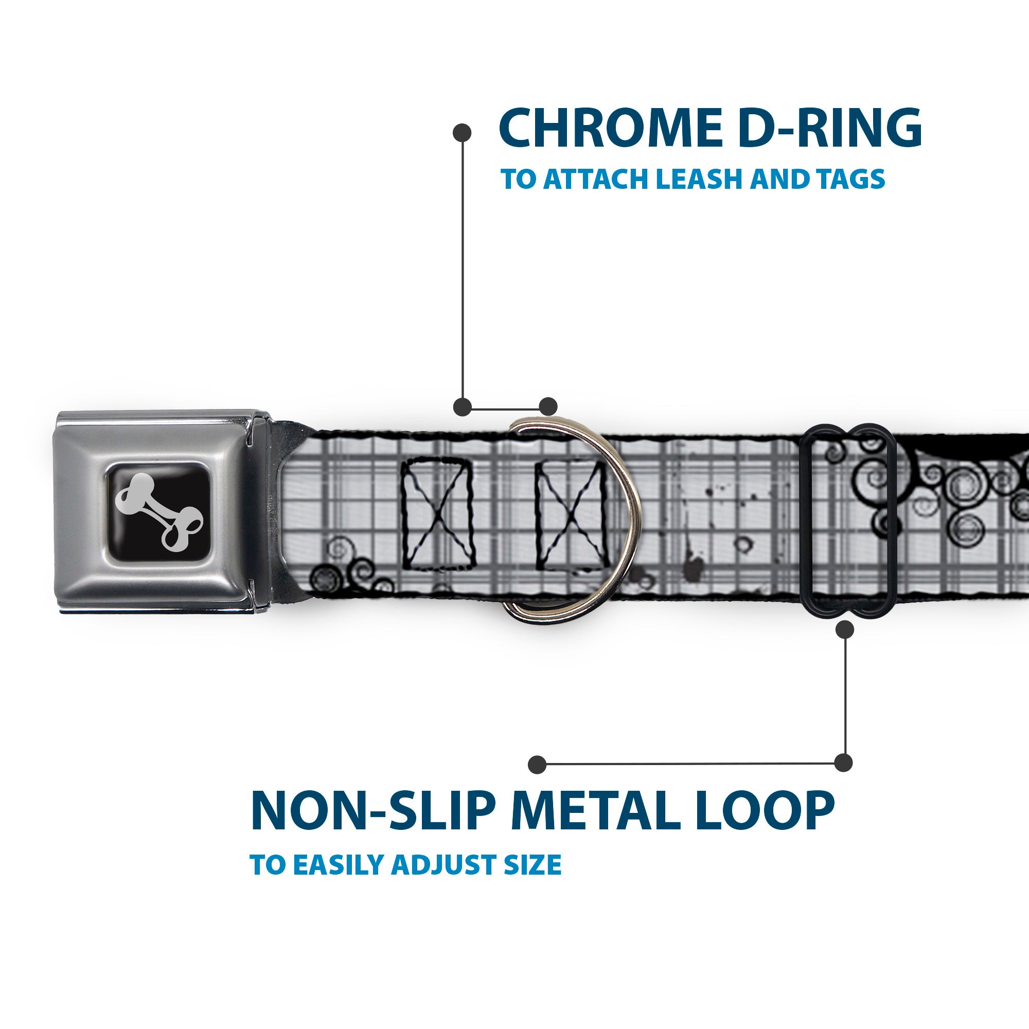 Dog Bone Seatbelt Buckle Collar - Plaid Curls Gray Seatbelt Buckle Collars Buckle-Down