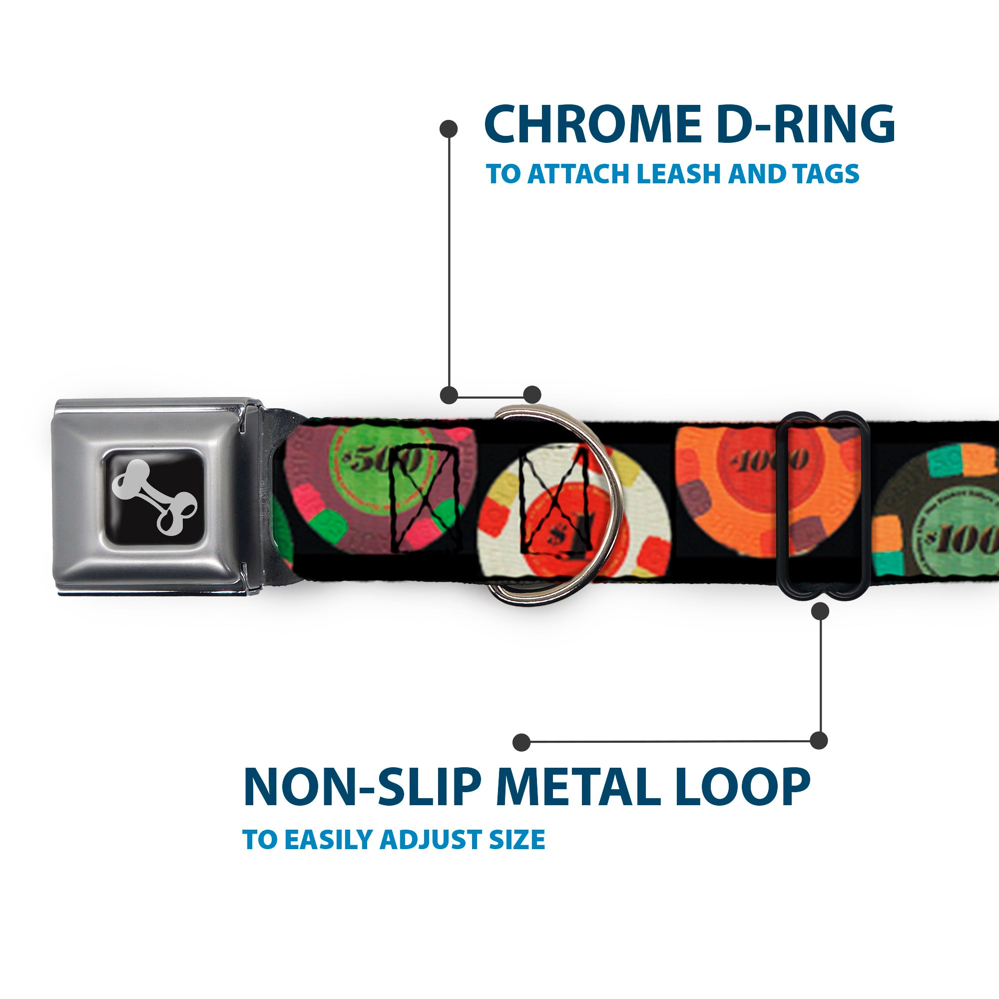 Dog Bone Seatbelt Buckle Collar - Poker Chips 2 Seatbelt Buckle Collars Buckle-Down