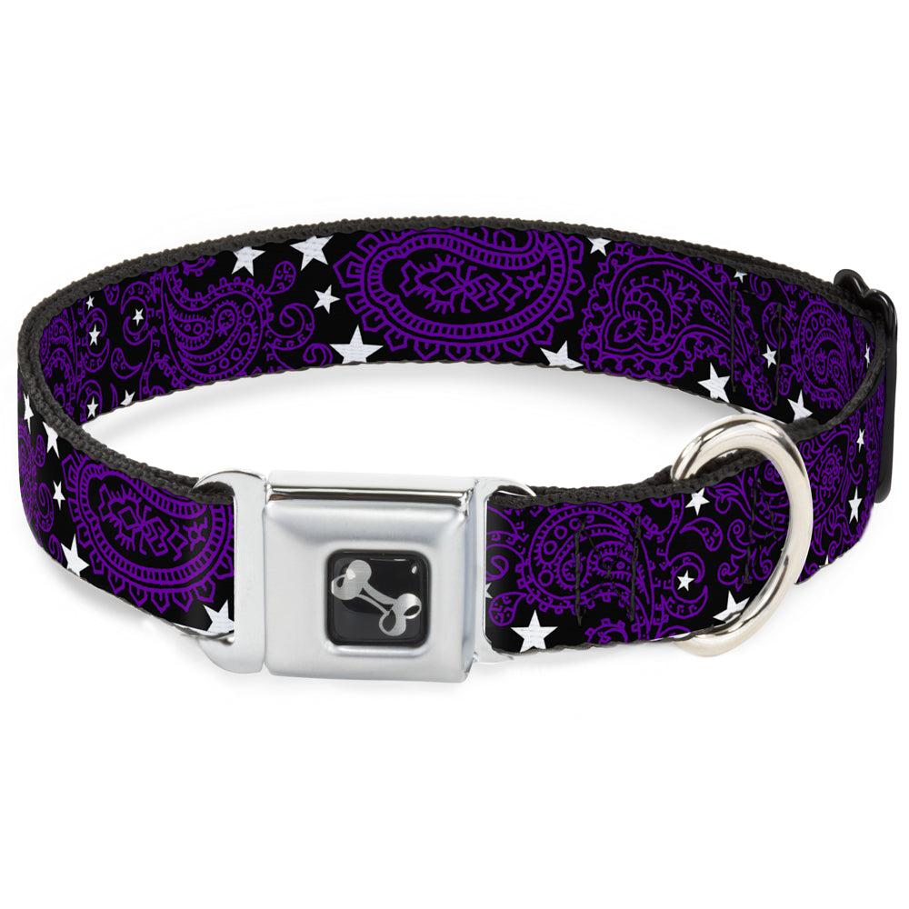 Dog Bone Seatbelt Buckle Collar - Paisley Stars Black/Purple/White Seatbelt Buckle Collars Buckle-Down