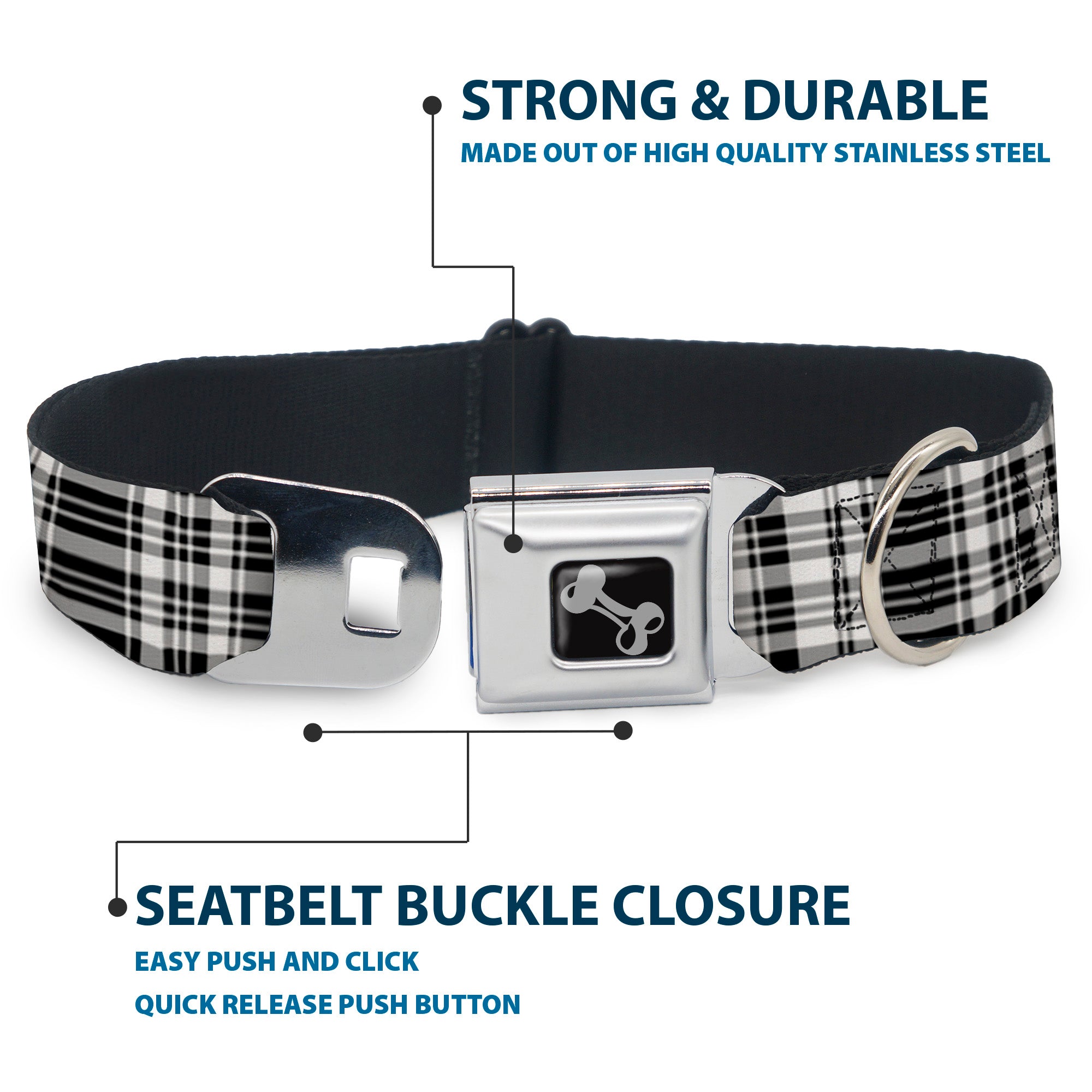 Dog Bone Seatbelt Buckle Collar - Plaid Black/White Seatbelt Buckle Collars Buckle-Down