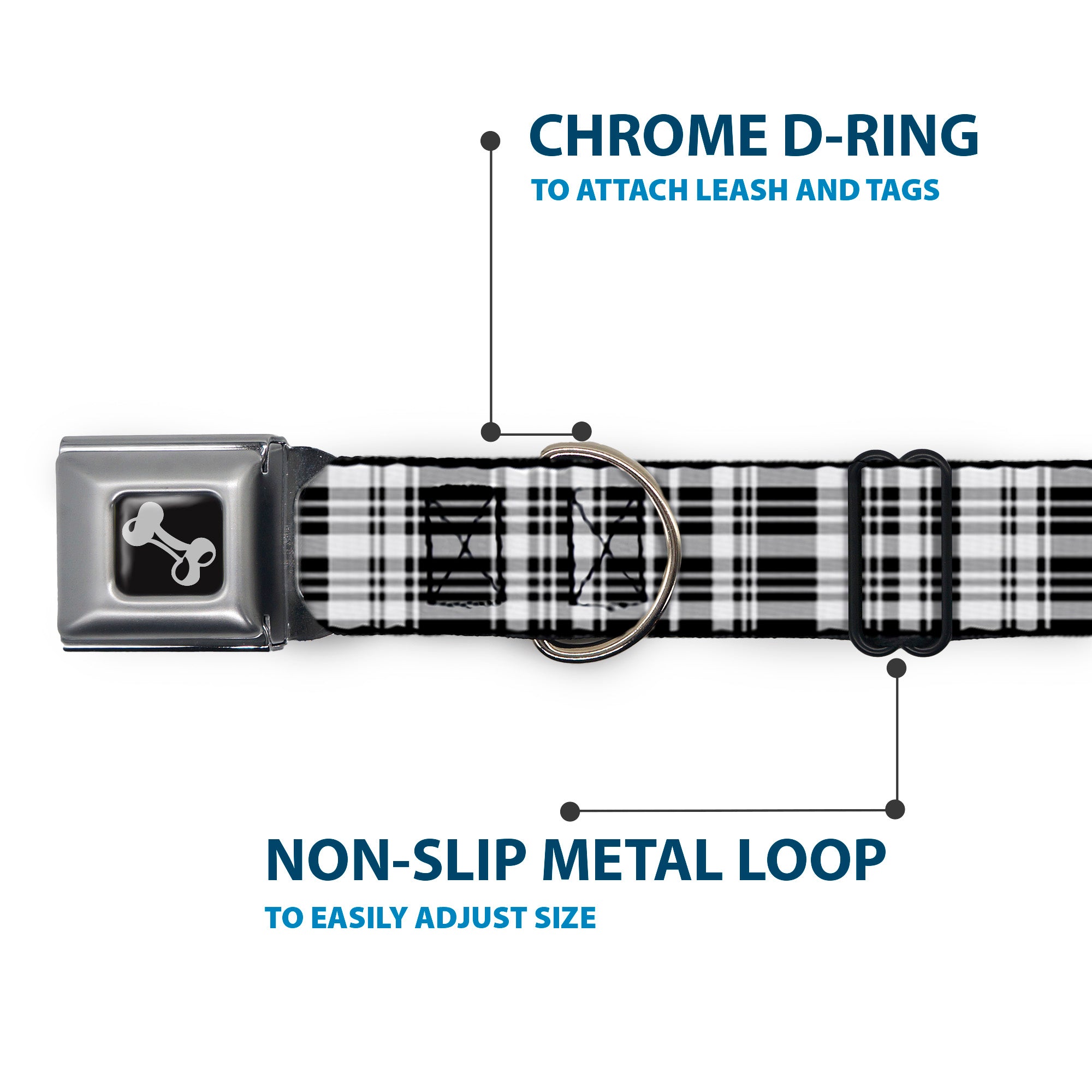 Dog Bone Seatbelt Buckle Collar - Plaid Black/White Seatbelt Buckle Collars Buckle-Down