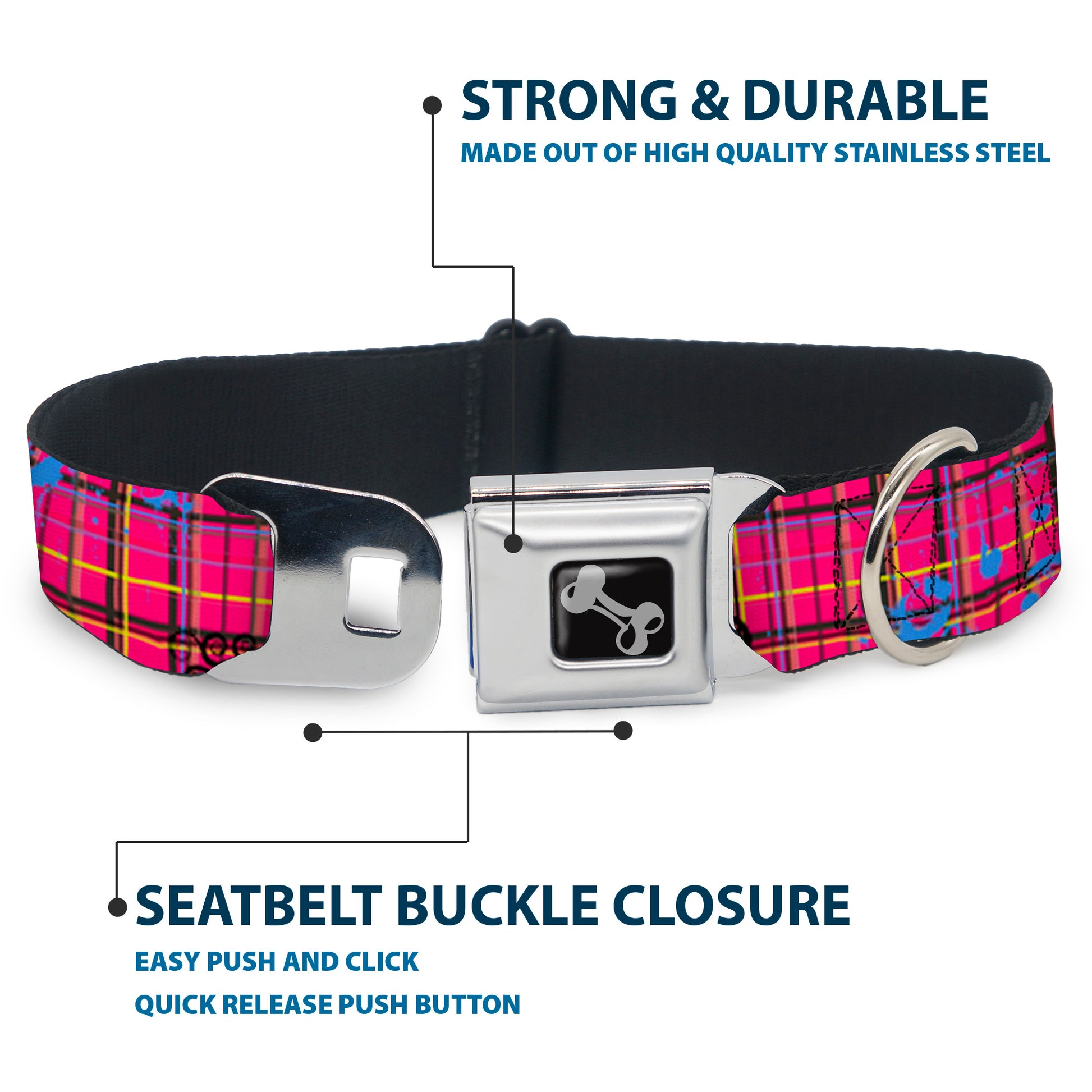 Dog Bone Seatbelt Buckle Collar - Plaid Curls Pink/Black/Yellow/Blue Seatbelt Buckle Collars Buckle-Down