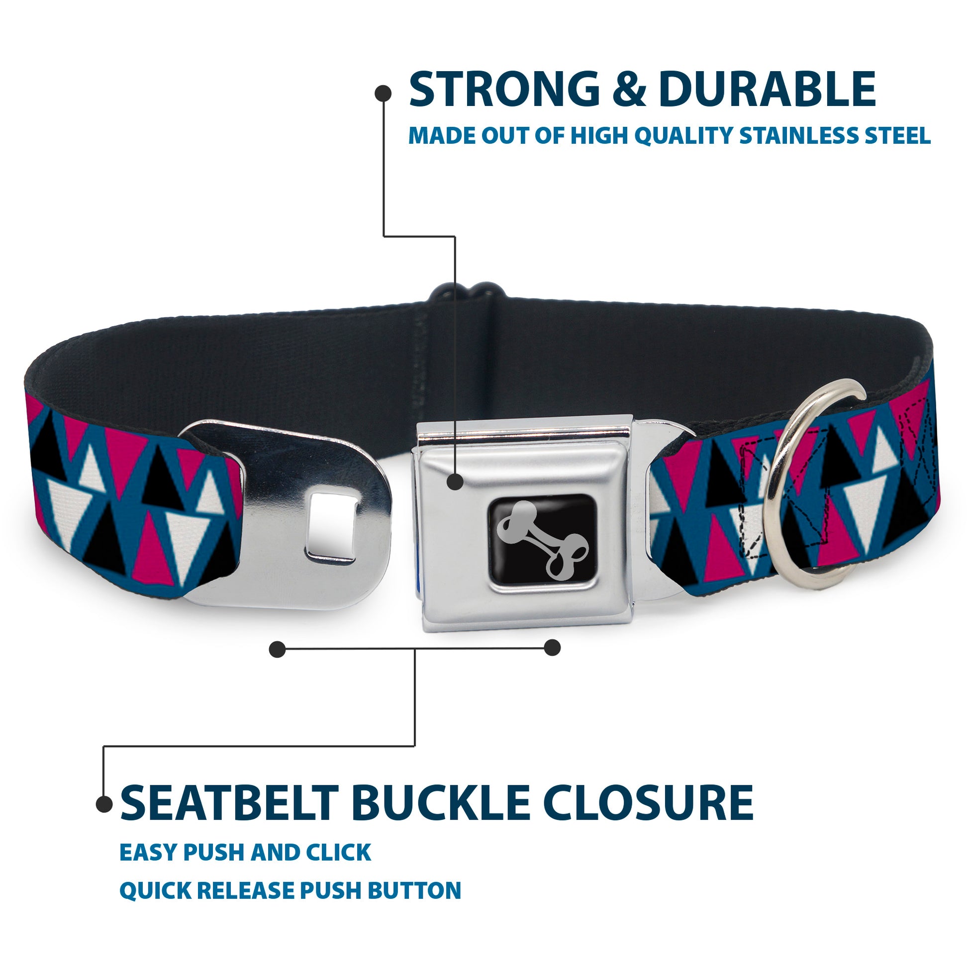 Dog Bone Seatbelt Buckle Collar - Peaks Turquoise/Fuchsia/Black/White Seatbelt Buckle Collars Buckle-Down