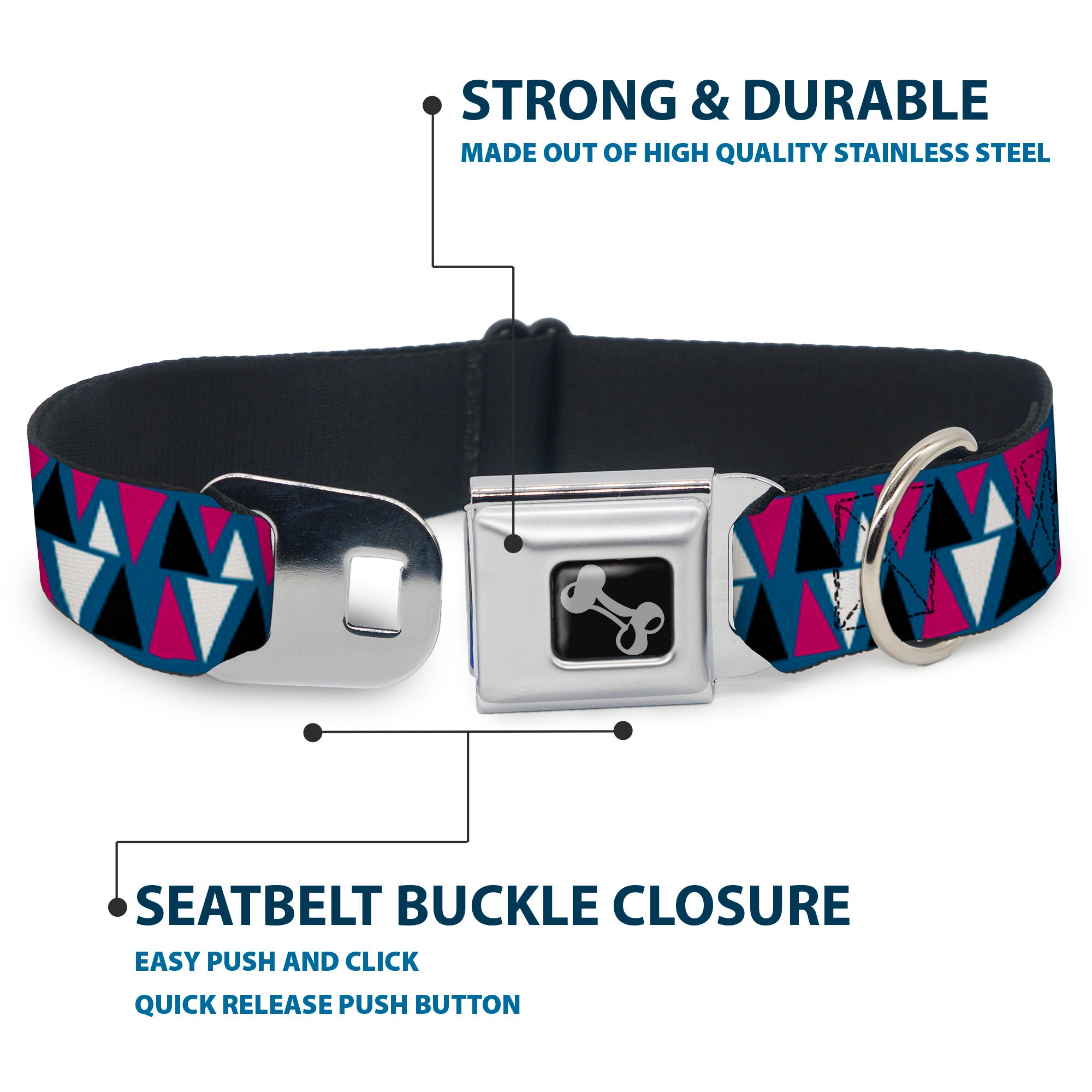 Dog Bone Seatbelt Buckle Collar - Peaks Turquoise/Fuchsia/Black/White Seatbelt Buckle Collars Buckle-Down