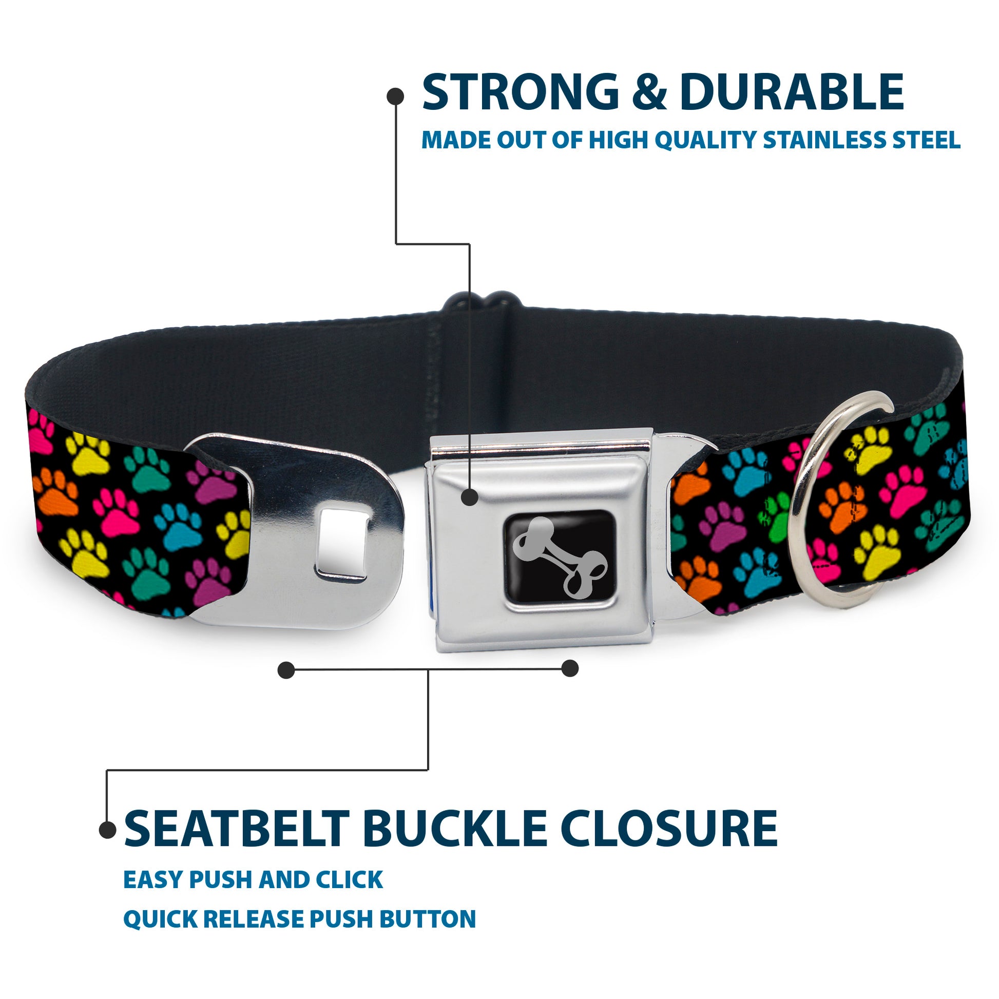 Dog Bone Seatbelt Buckle Collar - Paw Print Black/Multi Color Seatbelt Buckle Collars Buckle-Down