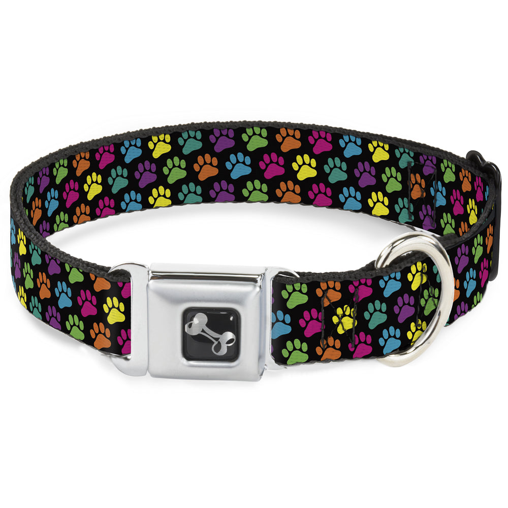 Dog Bone Seatbelt Buckle Collar - Paw Print Black/Multi Color Seatbelt Buckle Collars Buckle-Down