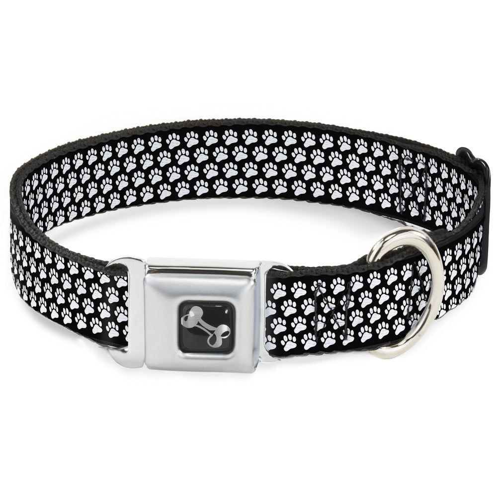 Dog Bone Seatbelt Buckle Collar - Paw Print Black/White Seatbelt Buckle Collars Buckle-Down