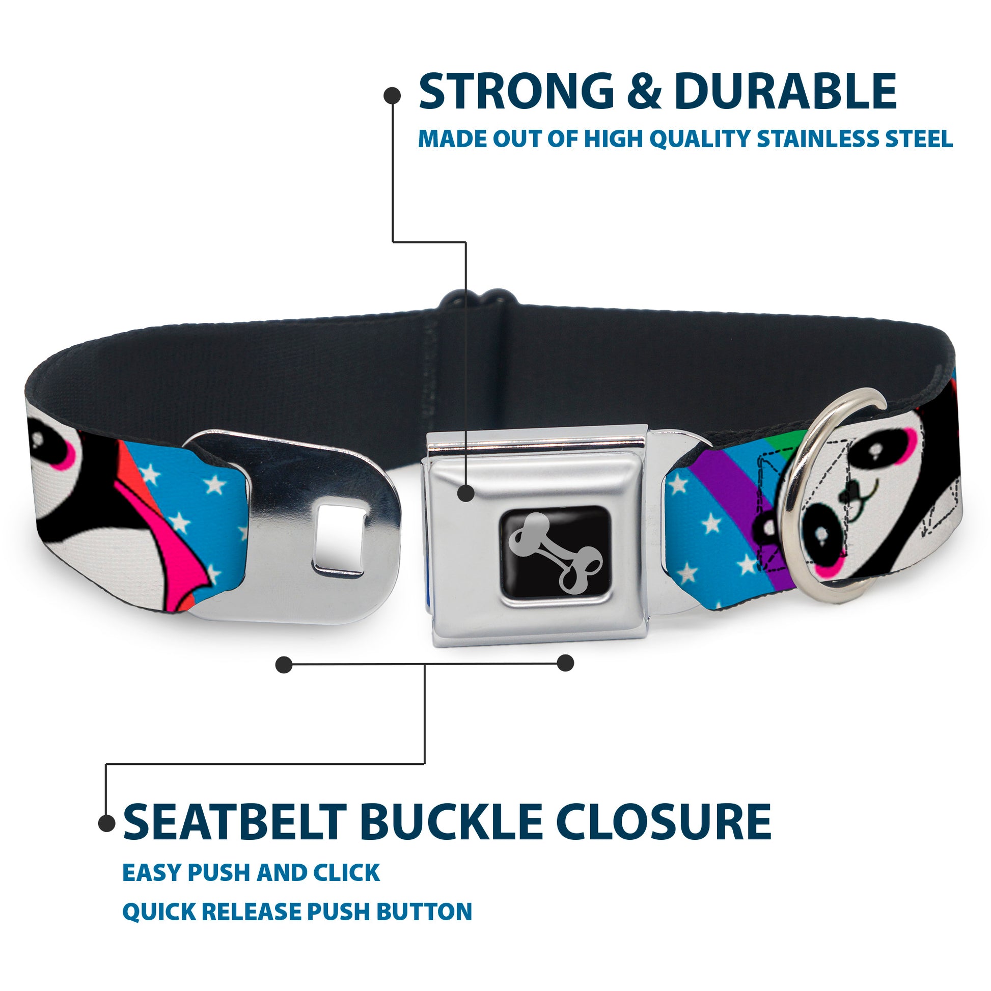 Dog Bone Seatbelt Buckle Collar - Pandas & Rainbows w/Stars Seatbelt Buckle Collars Buckle-Down