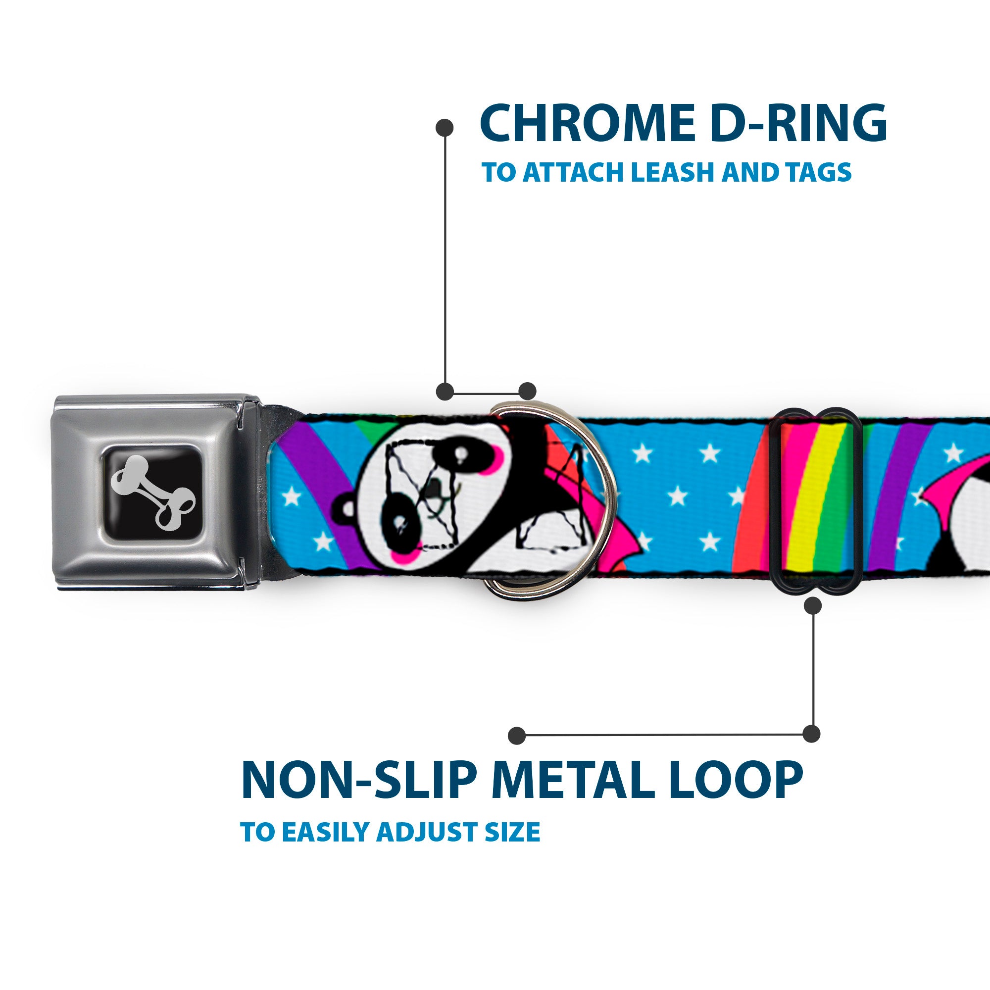 Dog Bone Seatbelt Buckle Collar - Pandas & Rainbows w/Stars Seatbelt Buckle Collars Buckle-Down