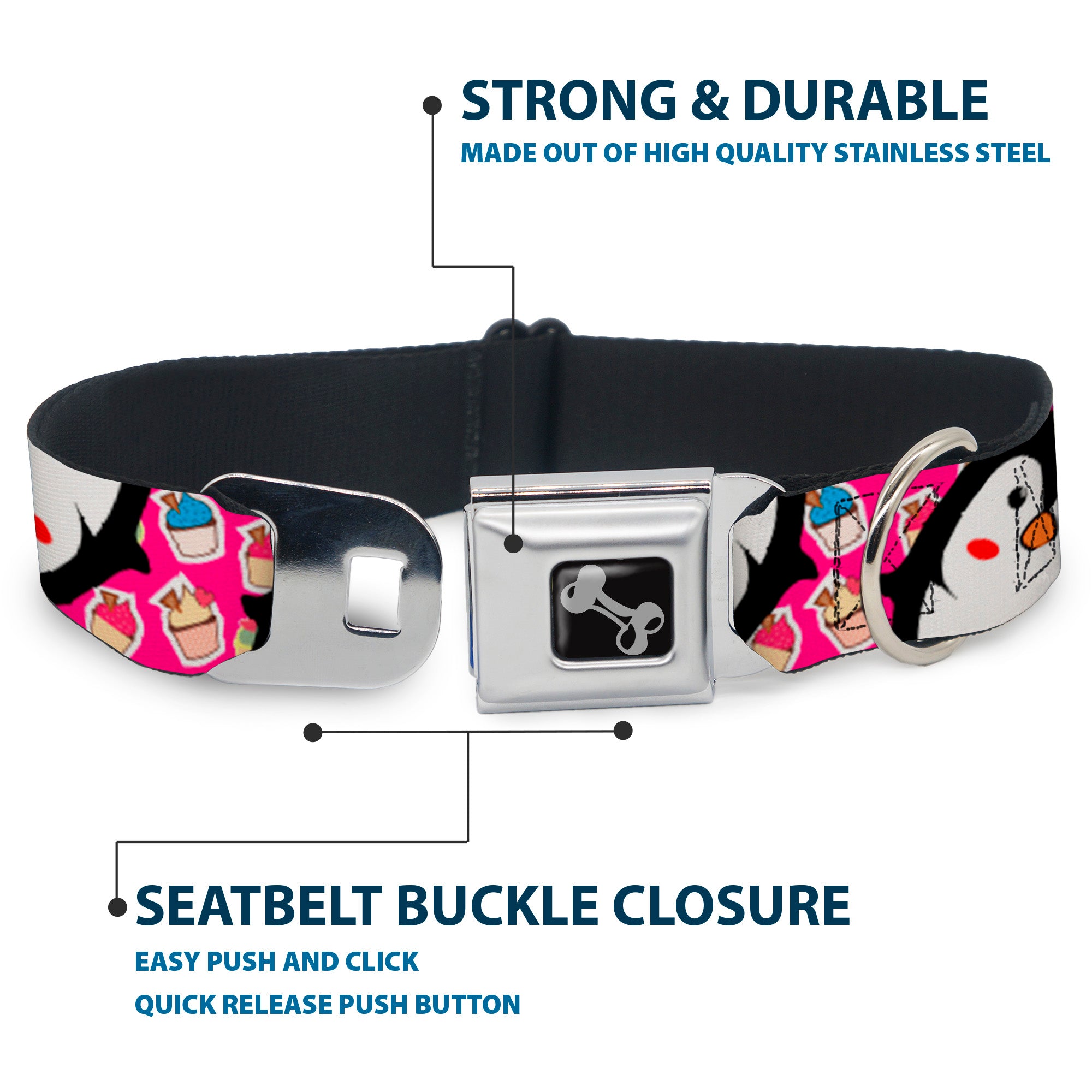 Dog Bone Black/Silver Seatbelt Buckle Collar - Penguins w/Cupcakes Fuchsia/Purple/White Seatbelt Buckle Collars Buckle-Down