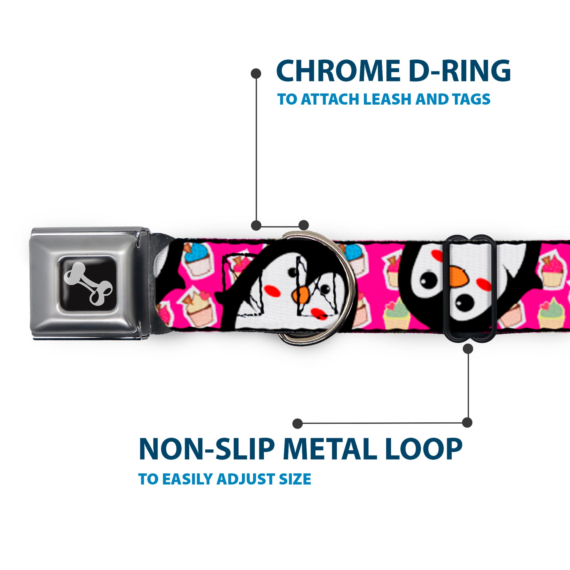 Dog Bone Black/Silver Seatbelt Buckle Collar - Penguins w/Cupcakes Fuchsia/Purple/White Seatbelt Buckle Collars Buckle-Down