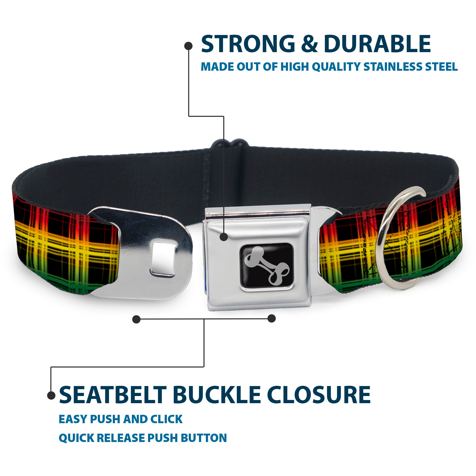 Dog Bone Seatbelt Buckle Collar - Plaid Black/Rasta Seatbelt Buckle Collars Buckle-Down