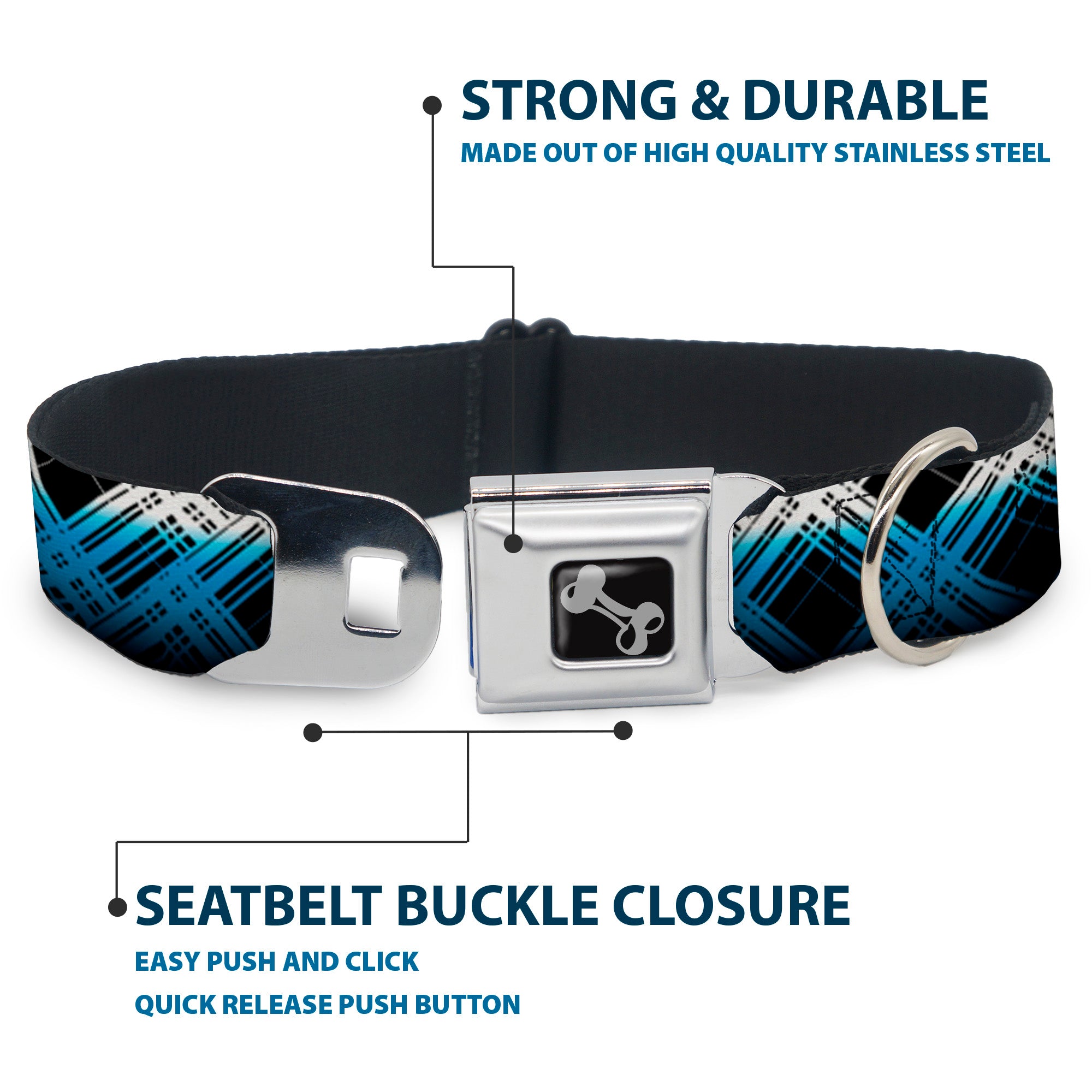Dog Bone Seatbelt Buckle Collar - Plaid X Gradient Black/White/Blue Seatbelt Buckle Collars Buckle-Down