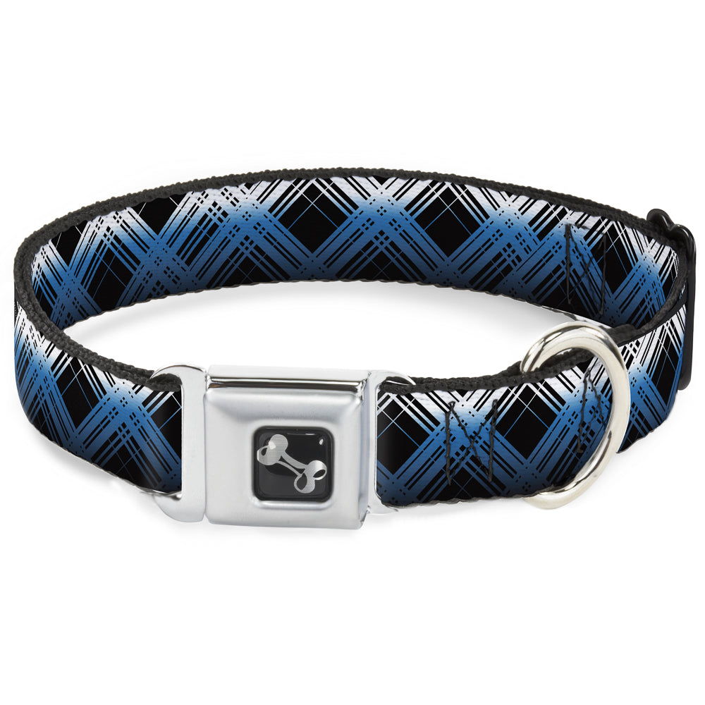 Dog Bone Seatbelt Buckle Collar - Plaid X Gradient Black/White/Blue Seatbelt Buckle Collars Buckle-Down