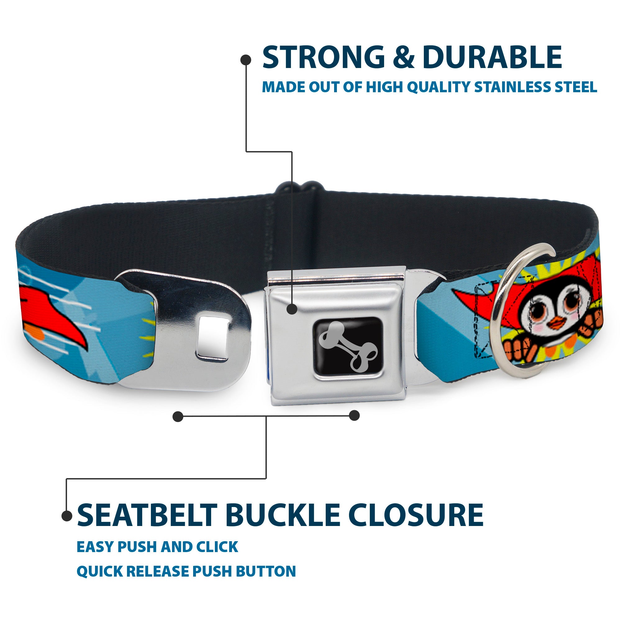 Dog Bone Seatbelt Buckle Collar - Penguin Superhero Blue Bubbles Seatbelt Buckle Collars Buckle-Down