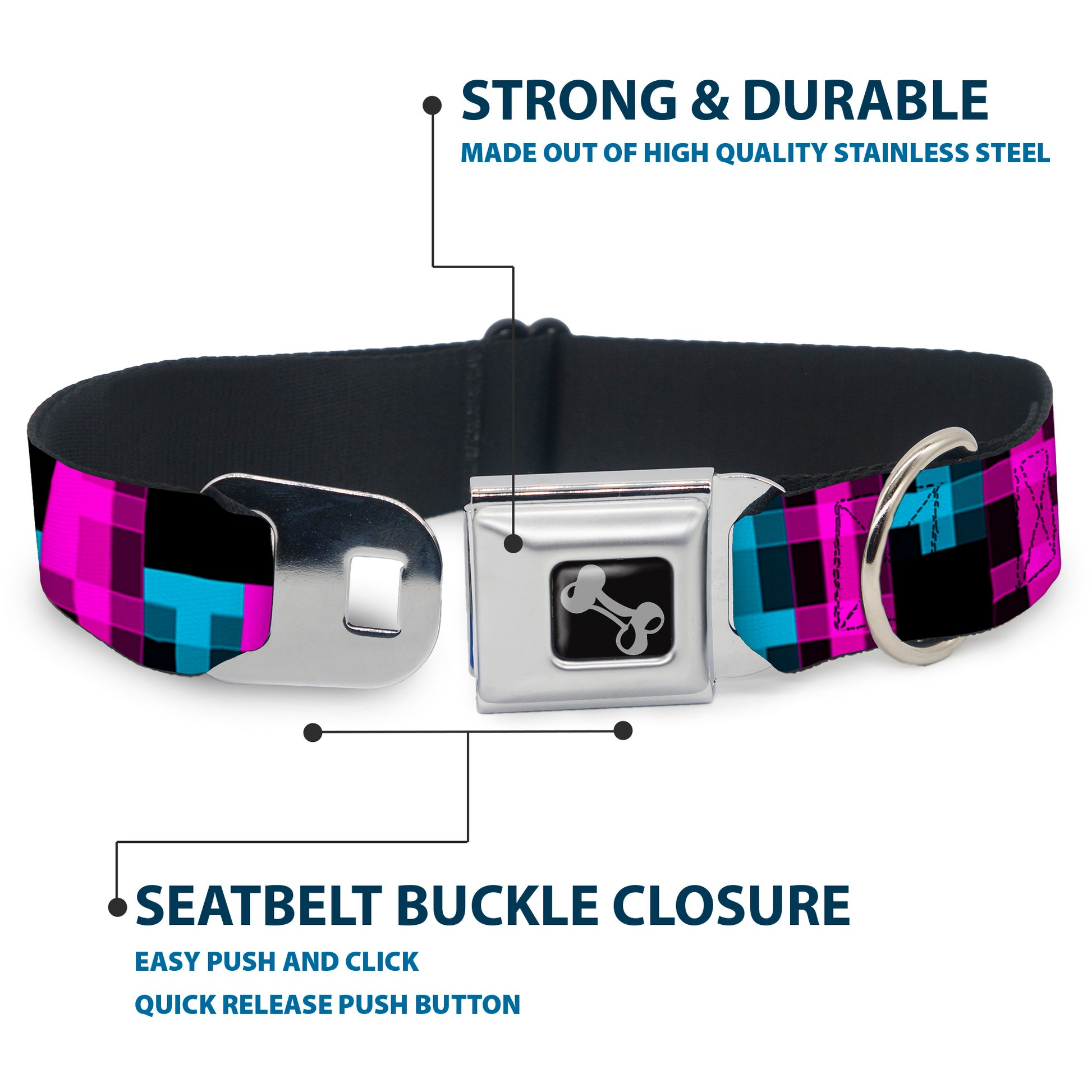 Dog Bone Seatbelt Buckle Collar - Pixilated Checker Black/Fuchsia/Turquoise Seatbelt Buckle Collars Buckle-Down