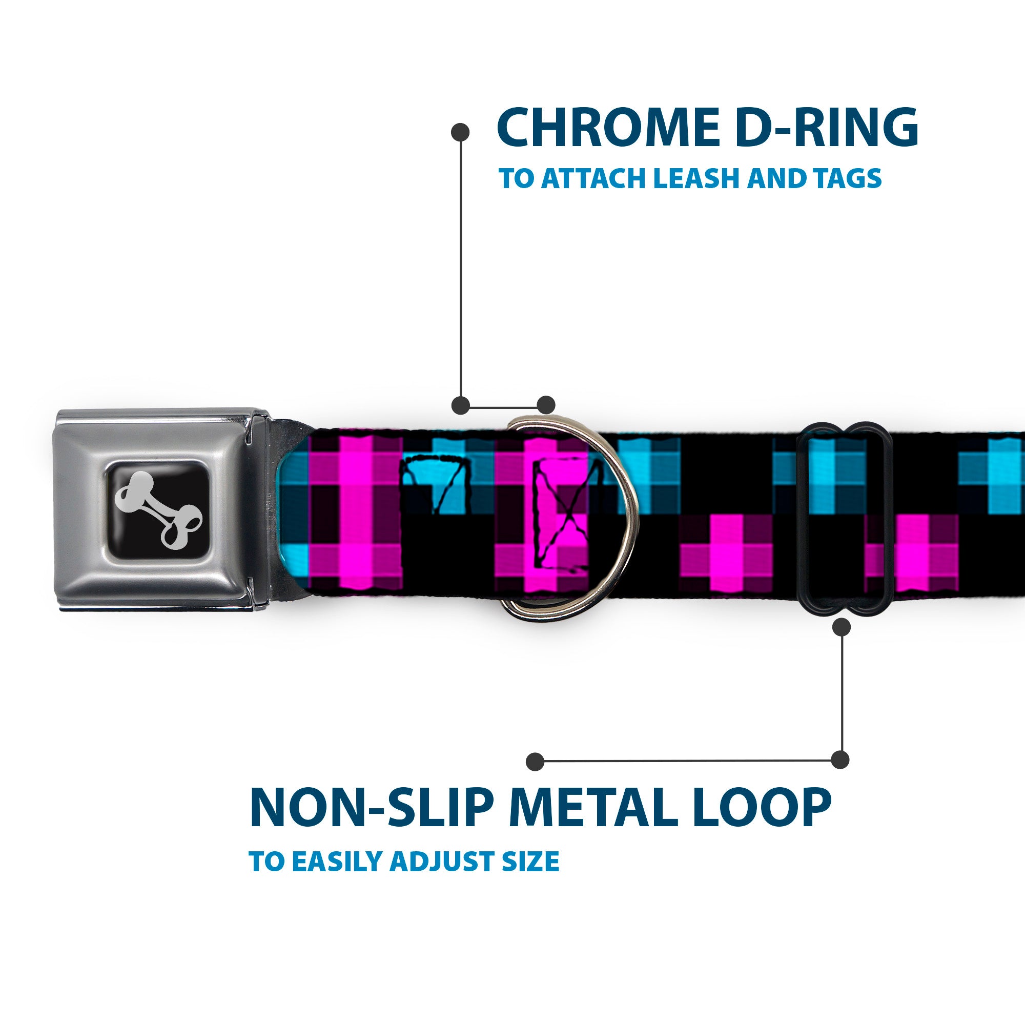 Dog Bone Seatbelt Buckle Collar - Pixilated Checker Black/Fuchsia/Turquoise Seatbelt Buckle Collars Buckle-Down
