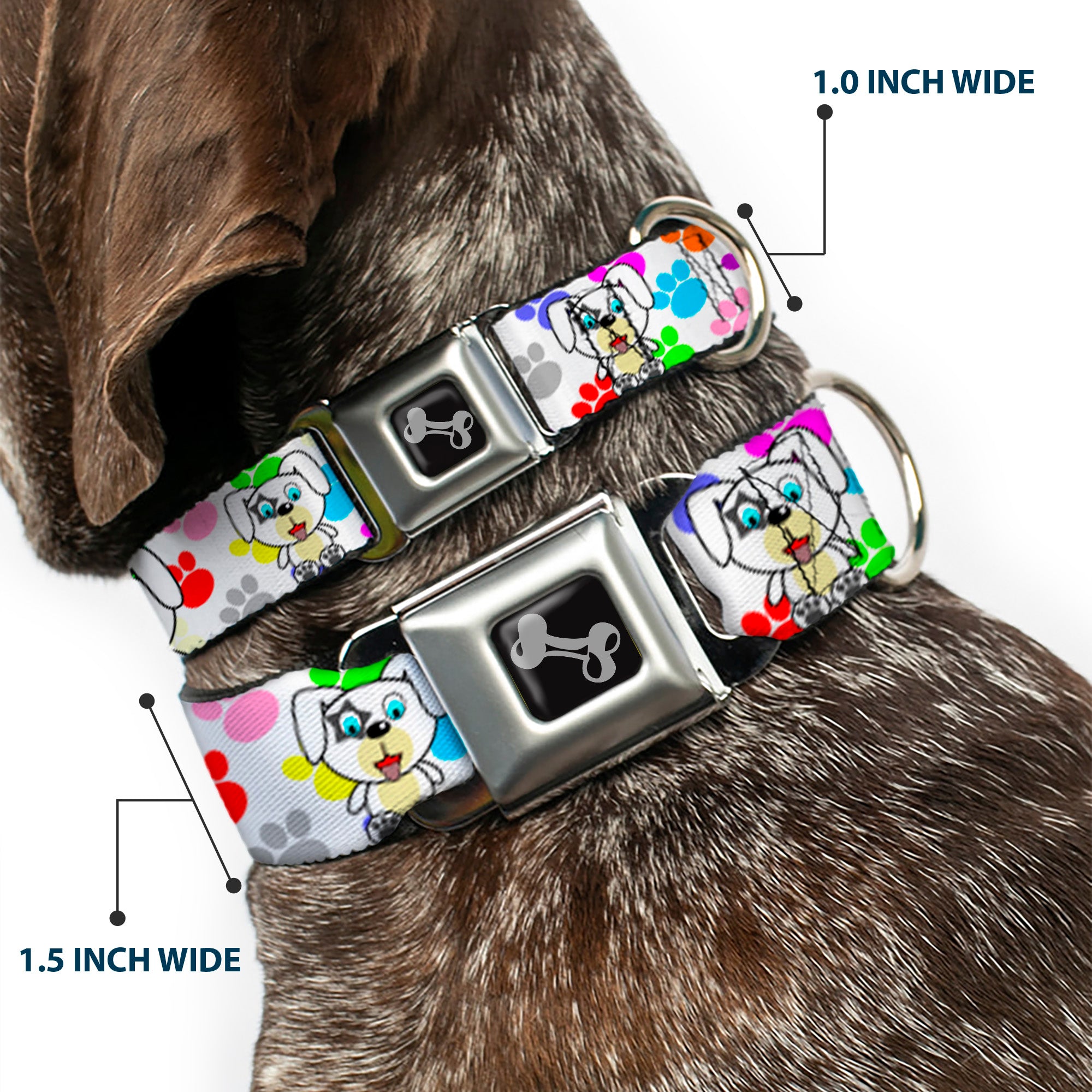 Dog Bone Seatbelt Buckle Collar - Puppies w/Paw Prints White/Multi Color Seatbelt Buckle Collars Buckle-Down