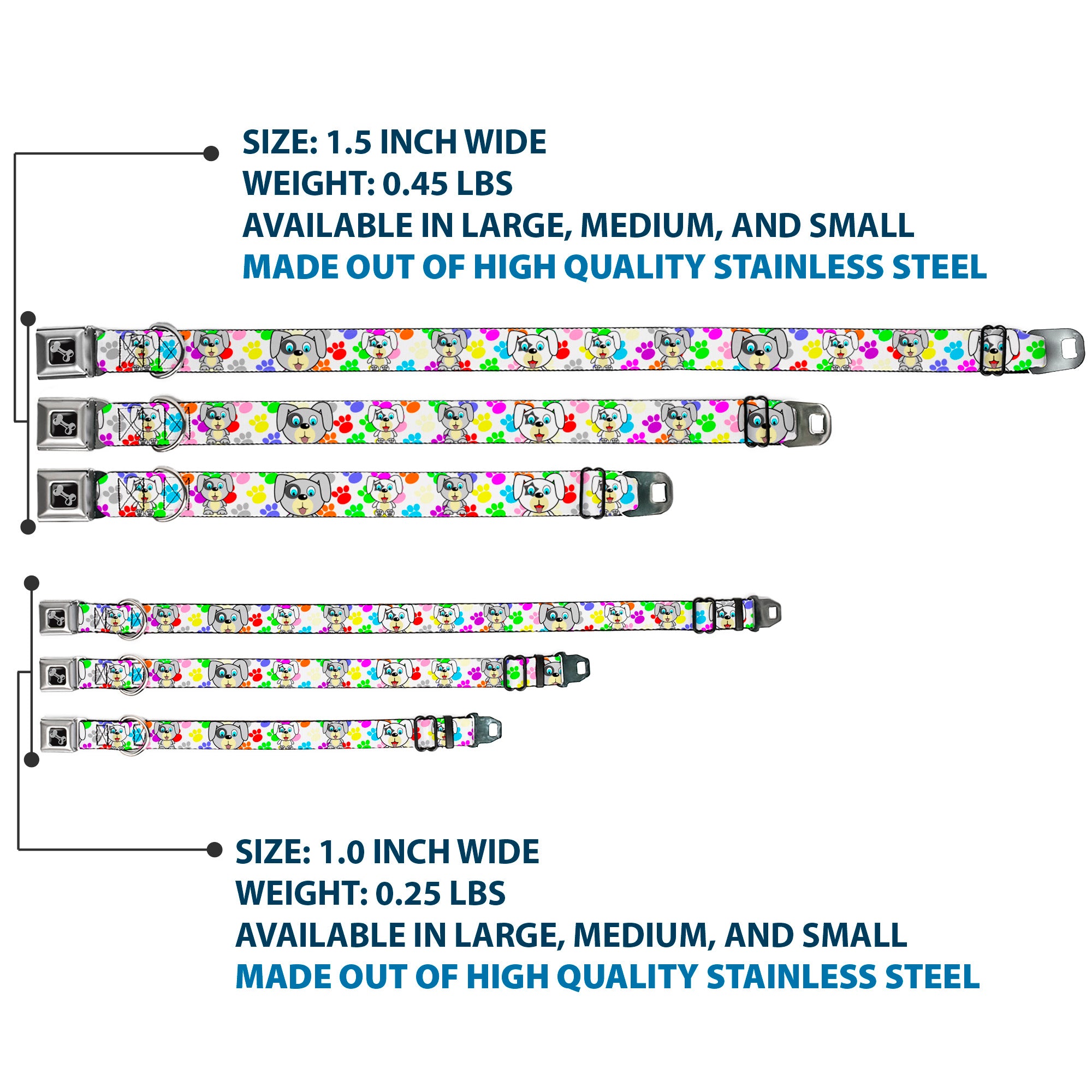 Dog Bone Seatbelt Buckle Collar - Puppies w/Paw Prints White/Multi Color Seatbelt Buckle Collars Buckle-Down