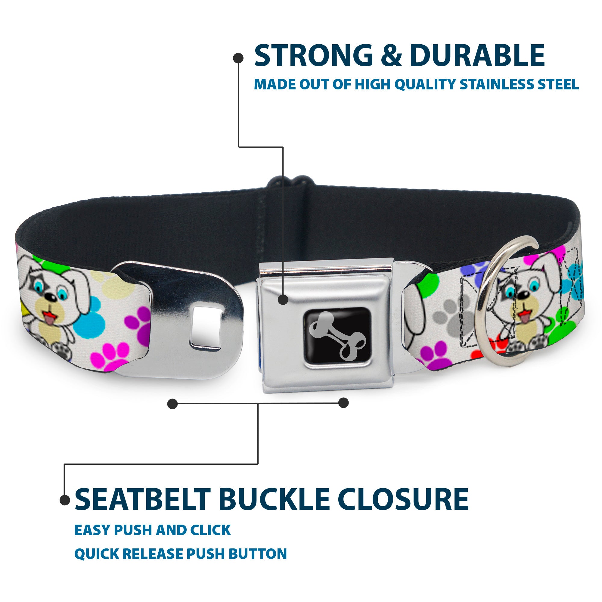 Dog Bone Seatbelt Buckle Collar - Puppies w/Paw Prints White/Multi Color Seatbelt Buckle Collars Buckle-Down