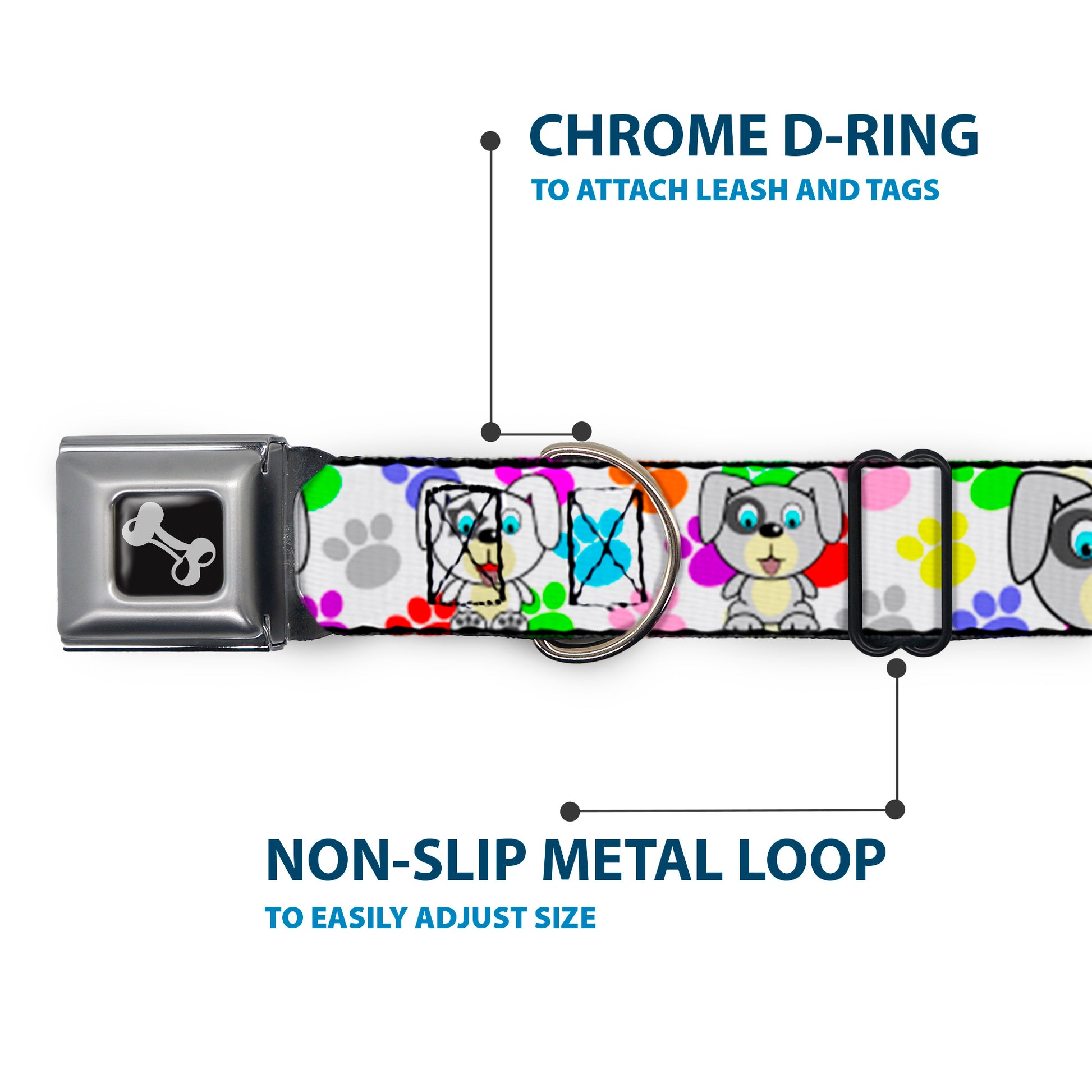 Dog Bone Seatbelt Buckle Collar - Puppies w/Paw Prints White/Multi Color Seatbelt Buckle Collars Buckle-Down