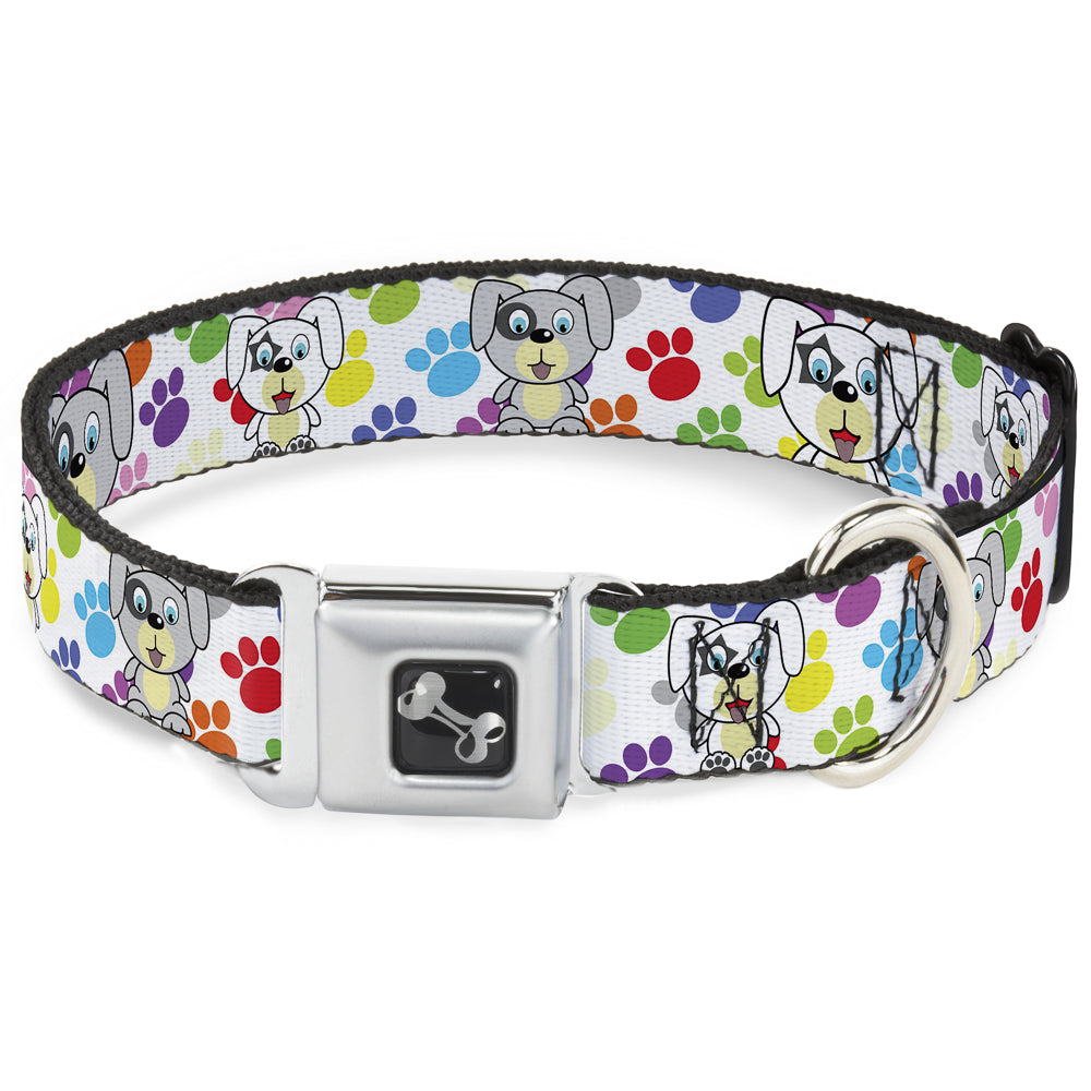 Dog Bone Seatbelt Buckle Collar - Puppies w/Paw Prints White/Multi Color Seatbelt Buckle Collars Buckle-Down