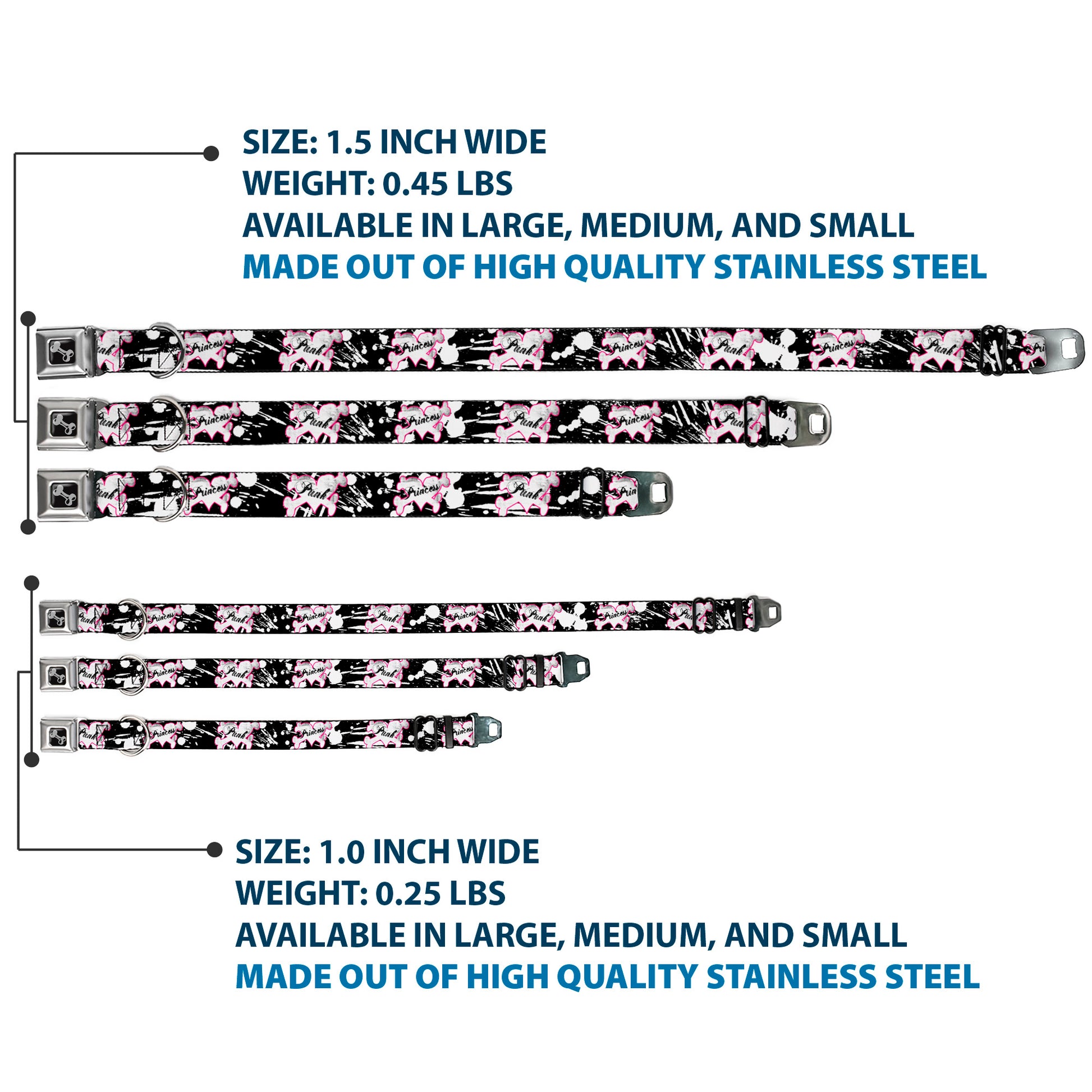 Dog Bone Seatbelt Buckle Collar - Punk Princess Heart & Cross Bones w/Splatter Black/White Seatbelt Buckle Collars Buckle-Down