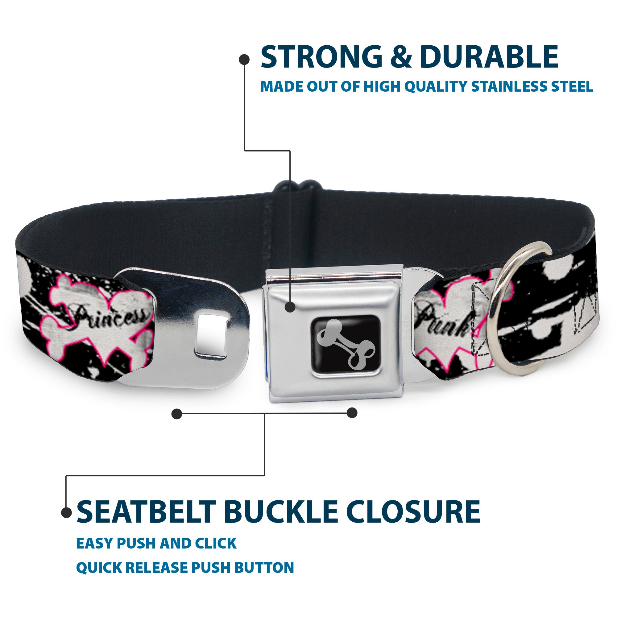 Dog Bone Seatbelt Buckle Collar - Punk Princess Heart & Cross Bones w/Splatter Black/White Seatbelt Buckle Collars Buckle-Down