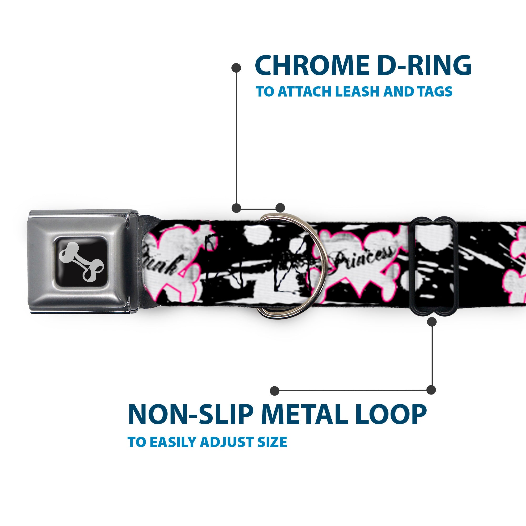 Dog Bone Seatbelt Buckle Collar - Punk Princess Heart & Cross Bones w/Splatter Black/White Seatbelt Buckle Collars Buckle-Down