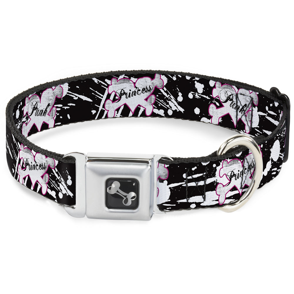 Dog Bone Seatbelt Buckle Collar - Punk Princess Heart & Cross Bones w/Splatter Black/White Seatbelt Buckle Collars Buckle-Down