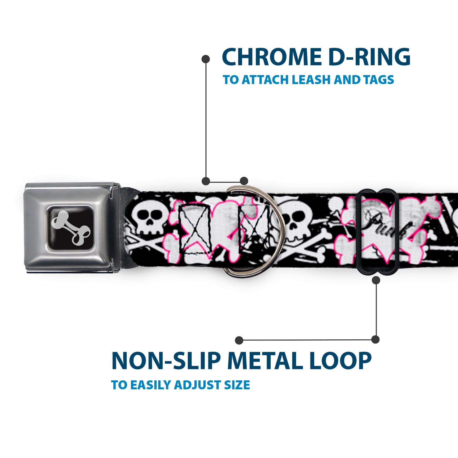 Dog Bone Black/Silver Seatbelt Buckle Collar - Punk Heart & Cross Bones w/Skulls & Splatter Black/White Seatbelt Buckle Collars Buckle-Down