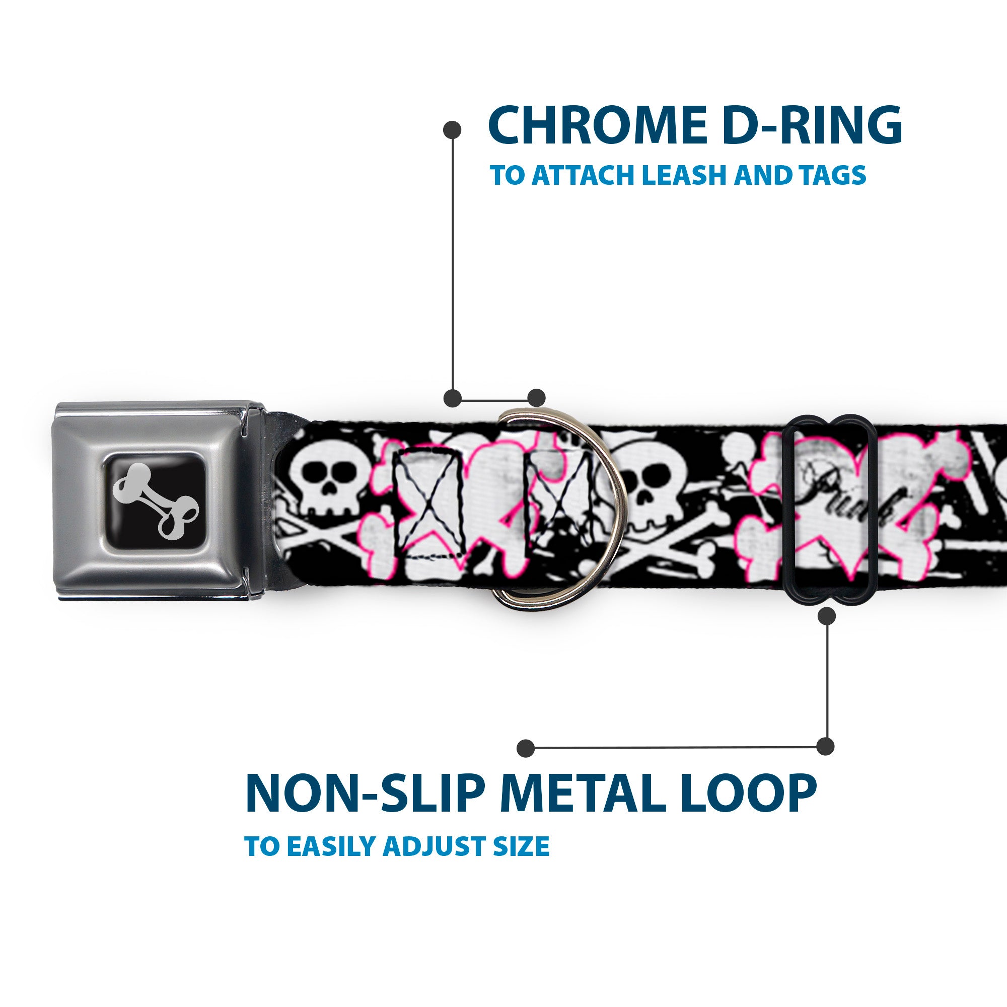 Dog Bone Black/Silver Seatbelt Buckle Collar - Punk Heart & Cross Bones w/Skulls & Splatter Black/White Seatbelt Buckle Collars Buckle-Down