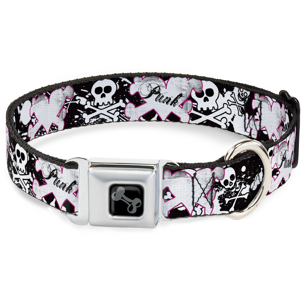 Dog Bone Black/Silver Seatbelt Buckle Collar - Punk Heart & Cross Bones w/Skulls & Splatter Black/White Seatbelt Buckle Collars Buckle-Down