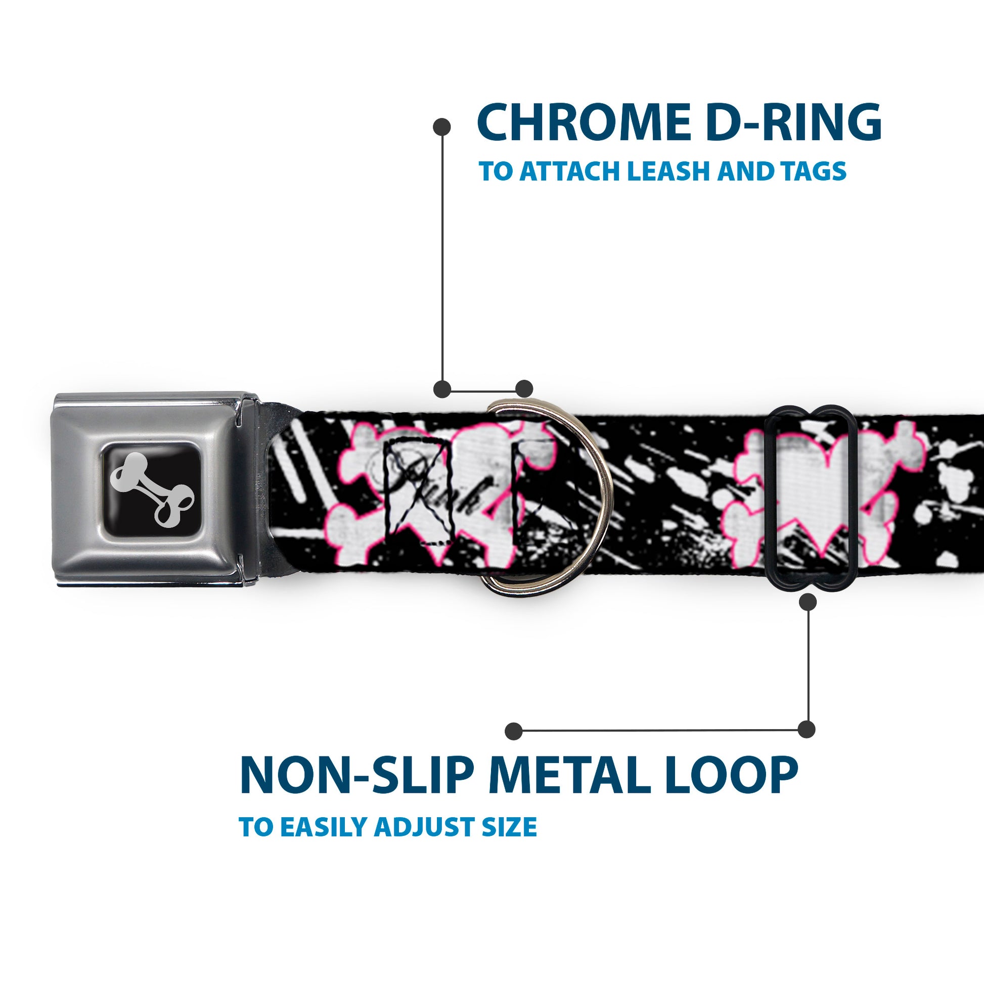 Dog Bone Black/Silver Seatbelt Buckle Collar - Punk Heart & Cross Bones w/Splatter Black/White Seatbelt Buckle Collars Buckle-Down