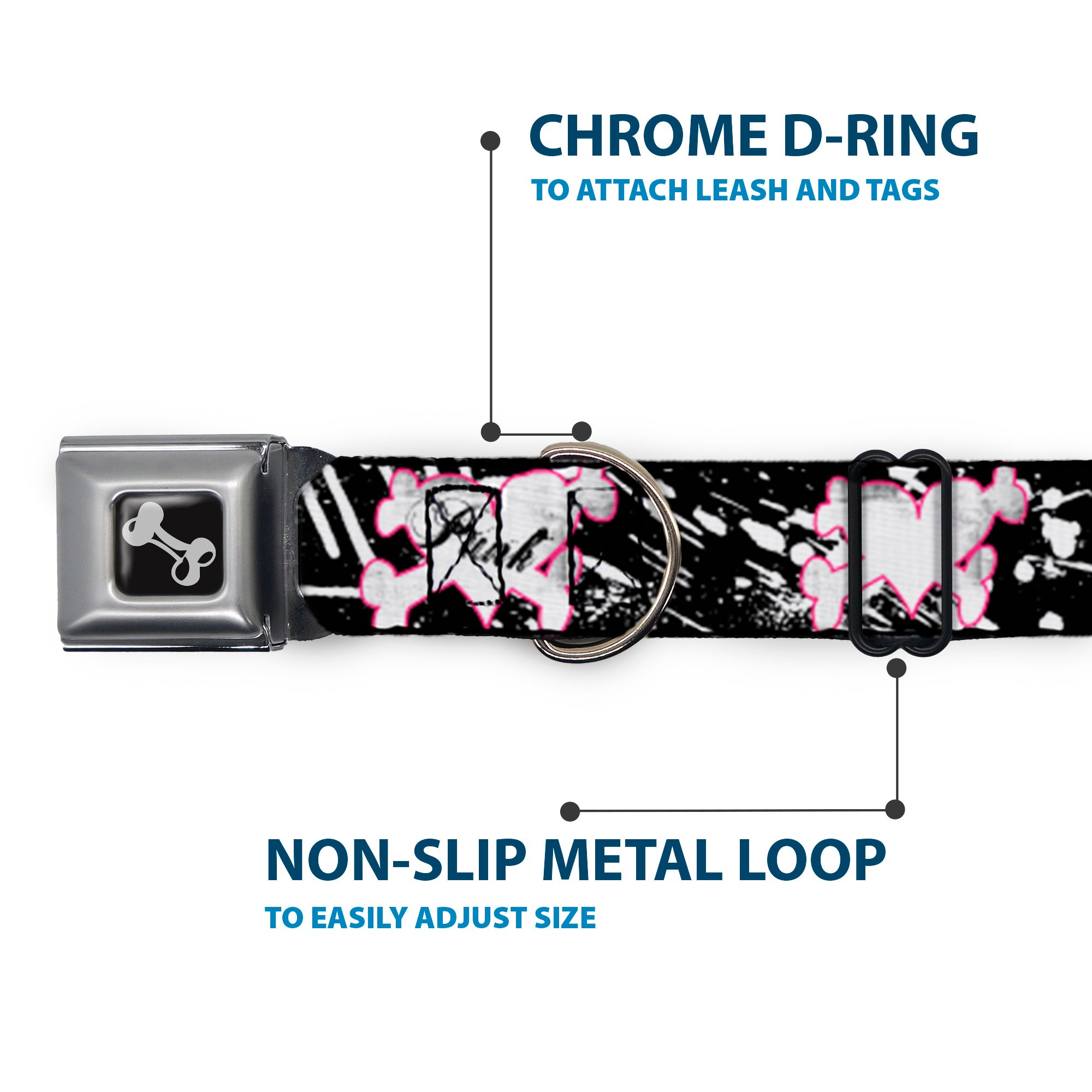 Dog Bone Black/Silver Seatbelt Buckle Collar - Punk Heart & Cross Bones w/Splatter Black/White Seatbelt Buckle Collars Buckle-Down