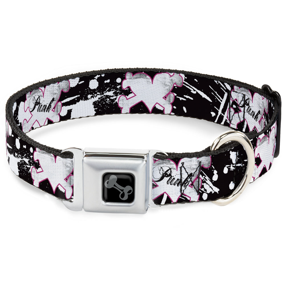 Dog Bone Black/Silver Seatbelt Buckle Collar - Punk Heart & Cross Bones w/Splatter Black/White Seatbelt Buckle Collars Buckle-Down
