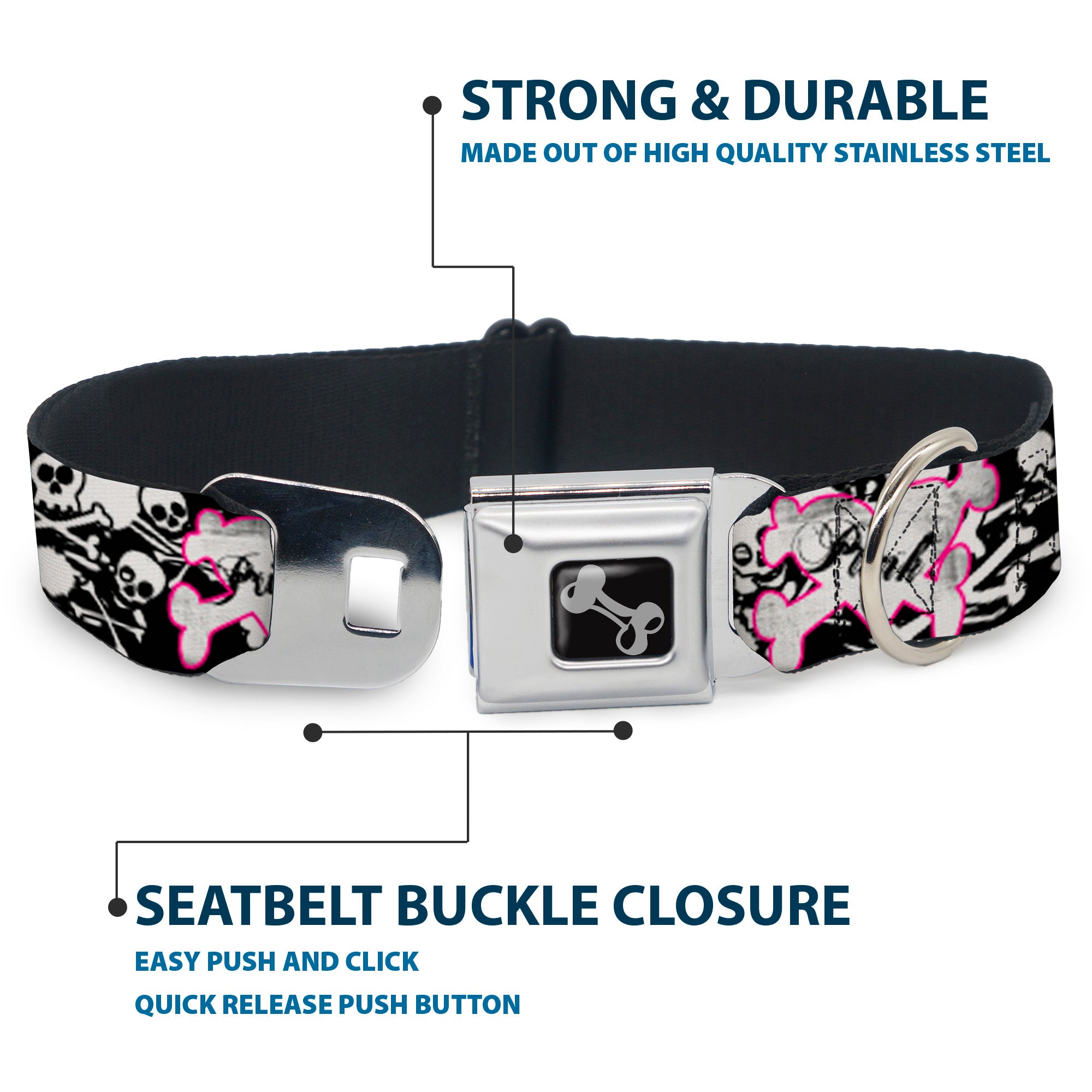 Dog Bone Seatbelt Buckle Collar - Punk Princess Heart & Cross Bones w/Skulls & Splatter Black/White Seatbelt Buckle Collars Buckle-Down