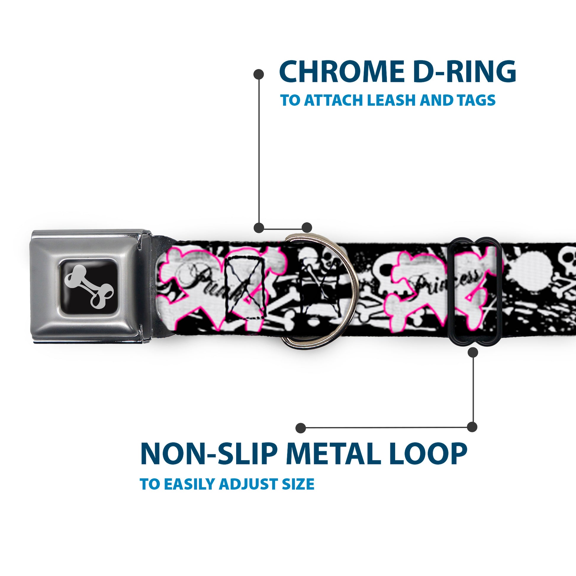 Dog Bone Seatbelt Buckle Collar - Punk Princess Heart & Cross Bones w/Skulls & Splatter Black/White Seatbelt Buckle Collars Buckle-Down